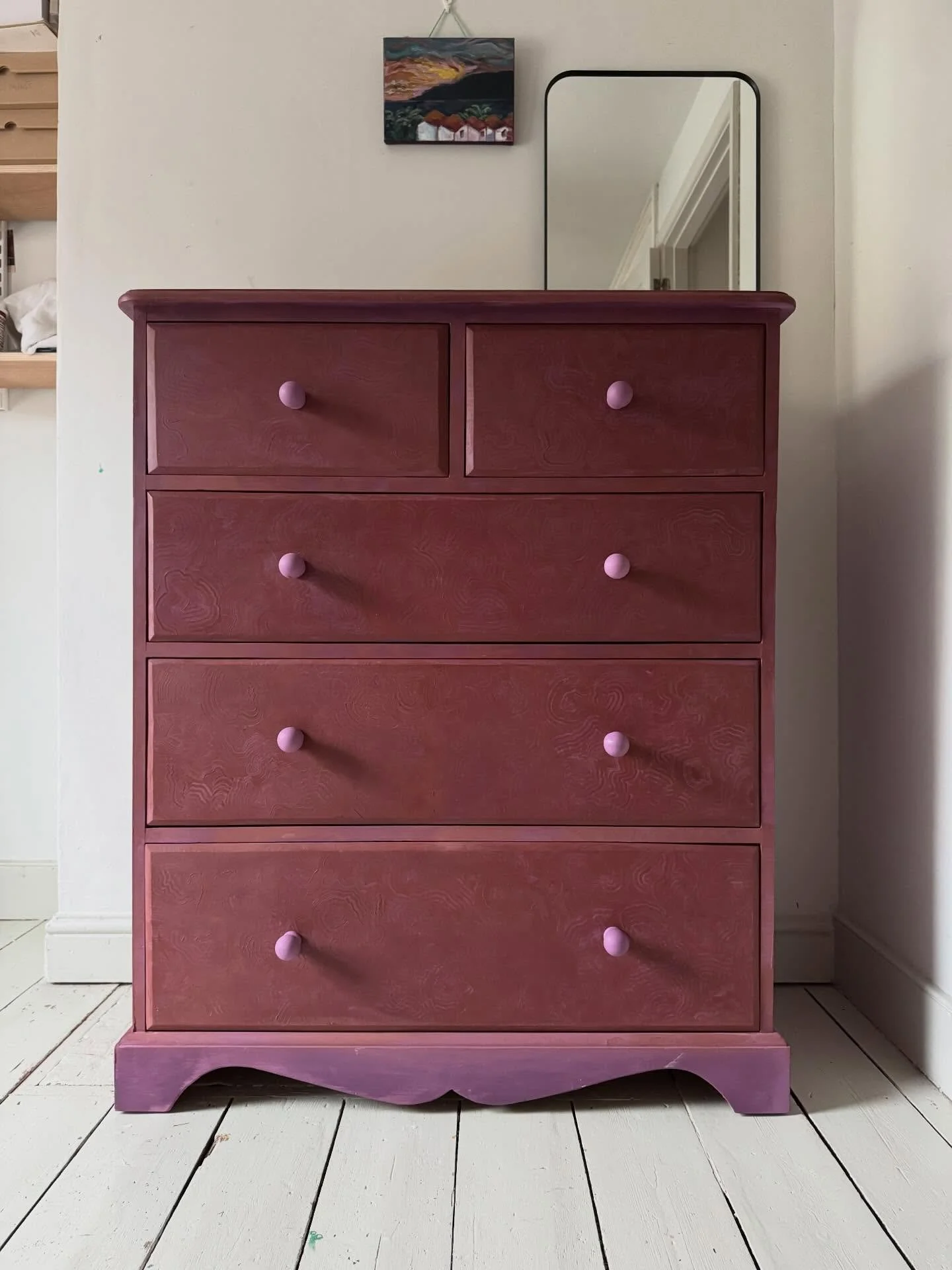 What I liked most about this chest of drawers when I first got it was that it is really spacious and fits so much stuff. Good storage is so important. And now it&rsquo;s also looking rather nice.

I painted a base layer of purple (or deep violet) and