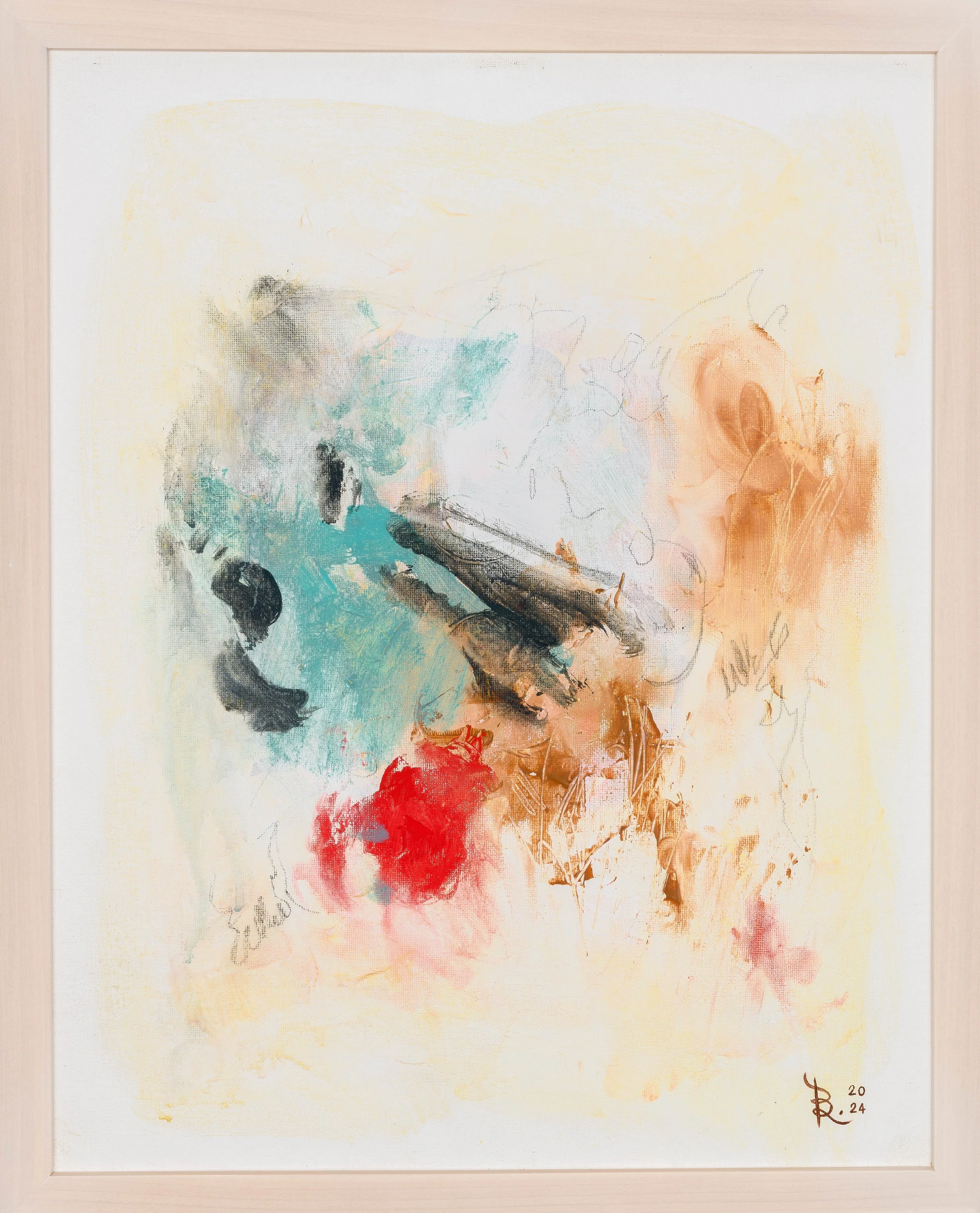 Abstract painting with teal, and red accents conveying a sense of mystery andpersonal myth.