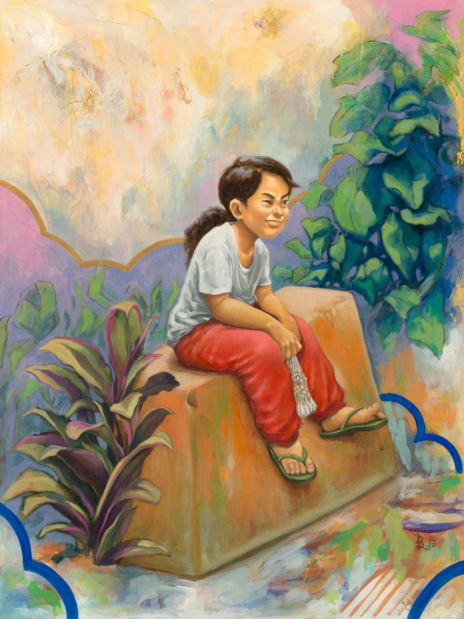 An illustrative painting of a little girl selling sampaguitas sitting on a traffic barrier, lost in her imagination.