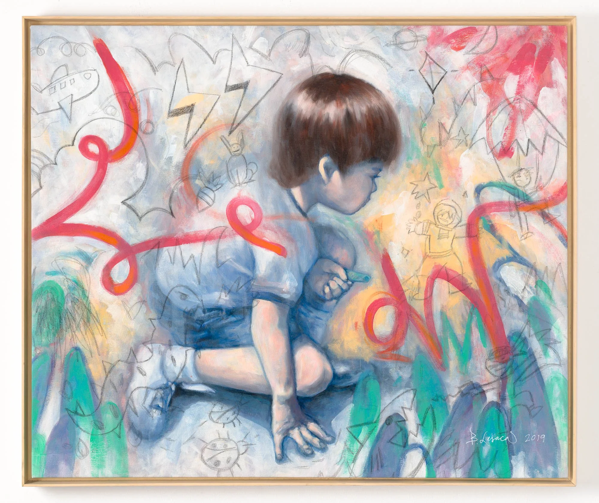 Acrylic and oil painting of a young boy playing with chalk, surrounded by colorful abstract scribbles symbolizing his vivid childhood imagination.