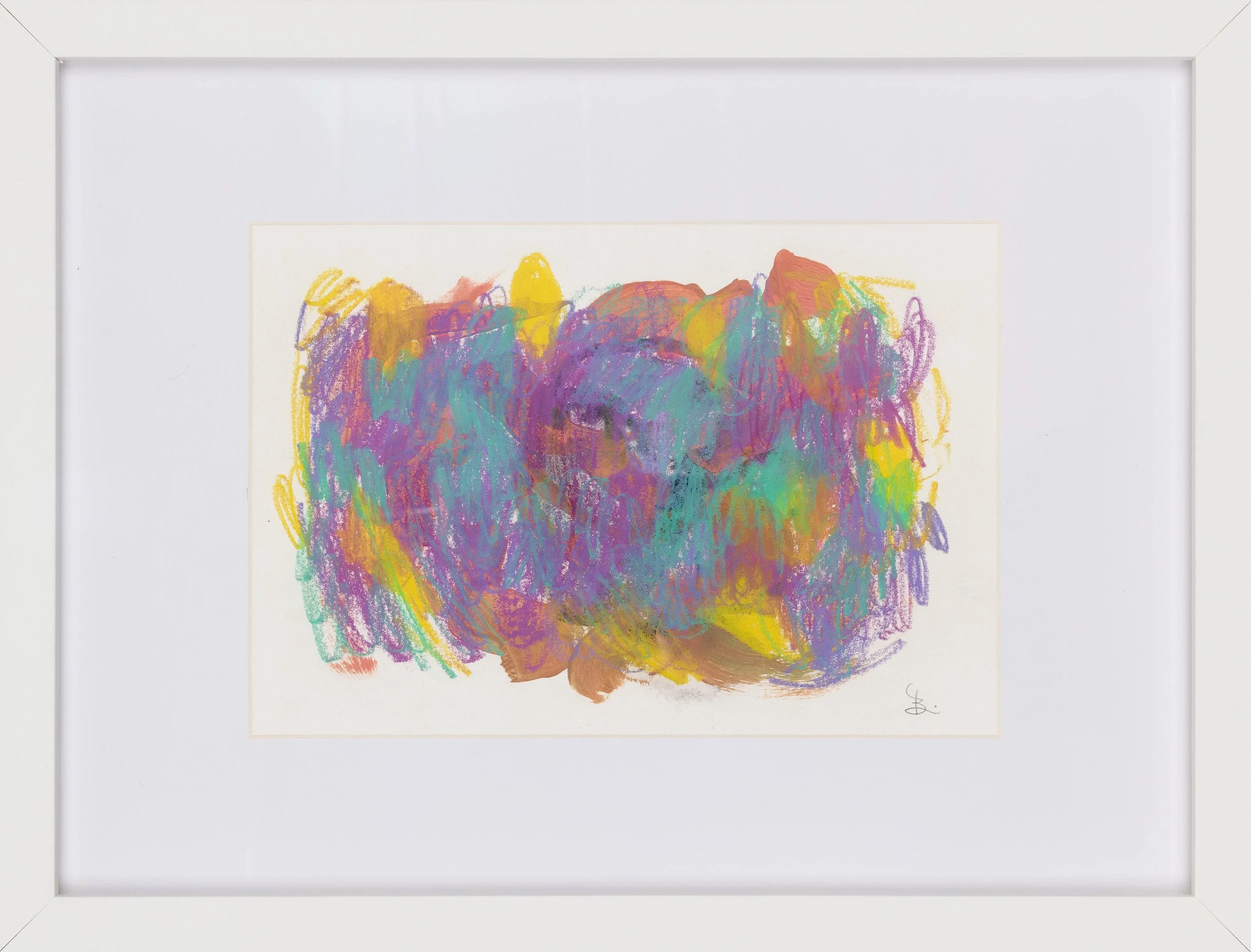 Abstract painting with colorful, overlapping purples, yellows, oranges, and teals evoking a sense of dreamy playfulness.