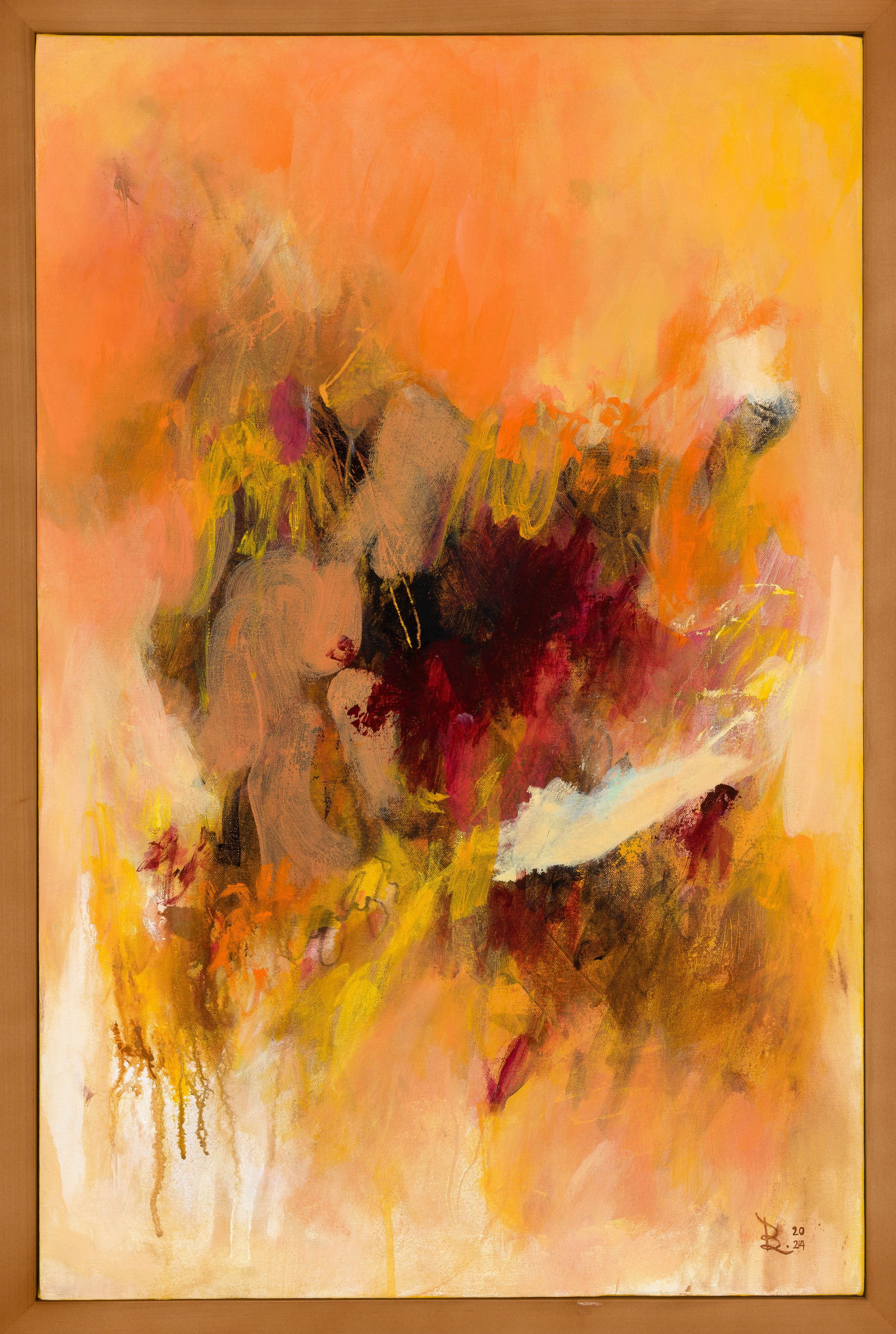 abstract painting with warm, orange tones with hints of deep magenta conveying tension and energy.