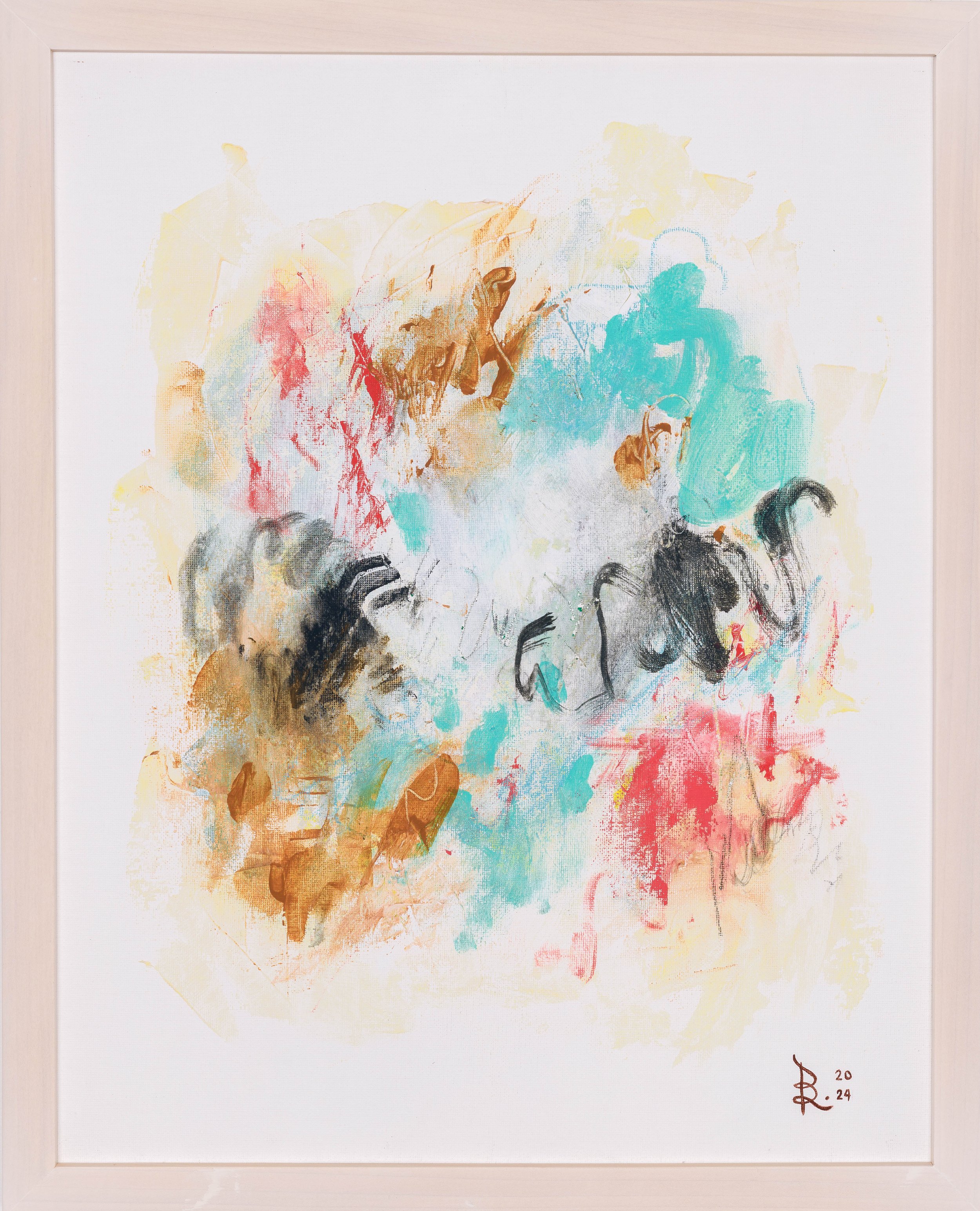 Abstract painting with teal, and red accents conveying a sense of mystery andpersonal myth.