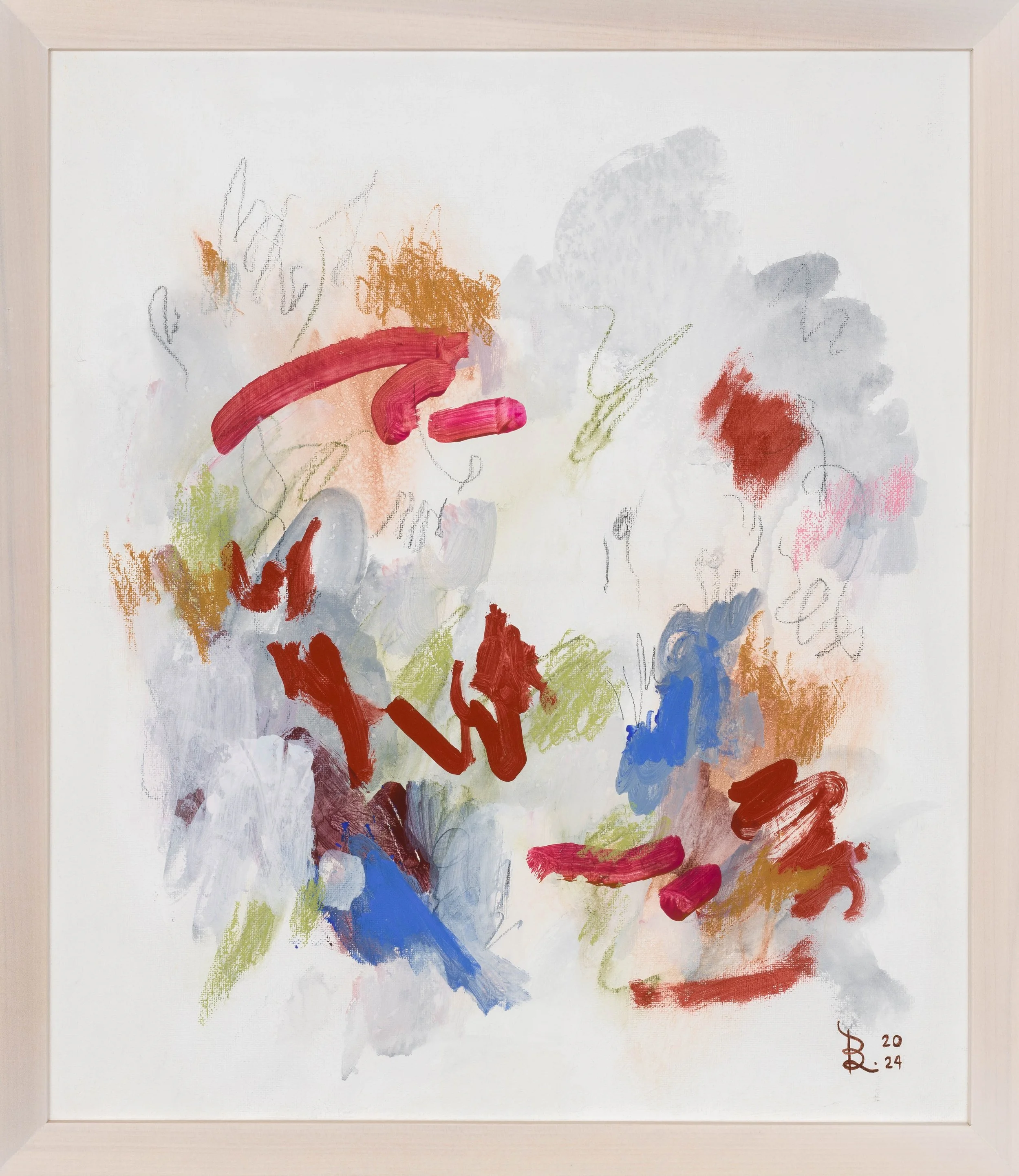Mixed media abstract painting with bold red, blue, and white strokes, conveying playful energy.