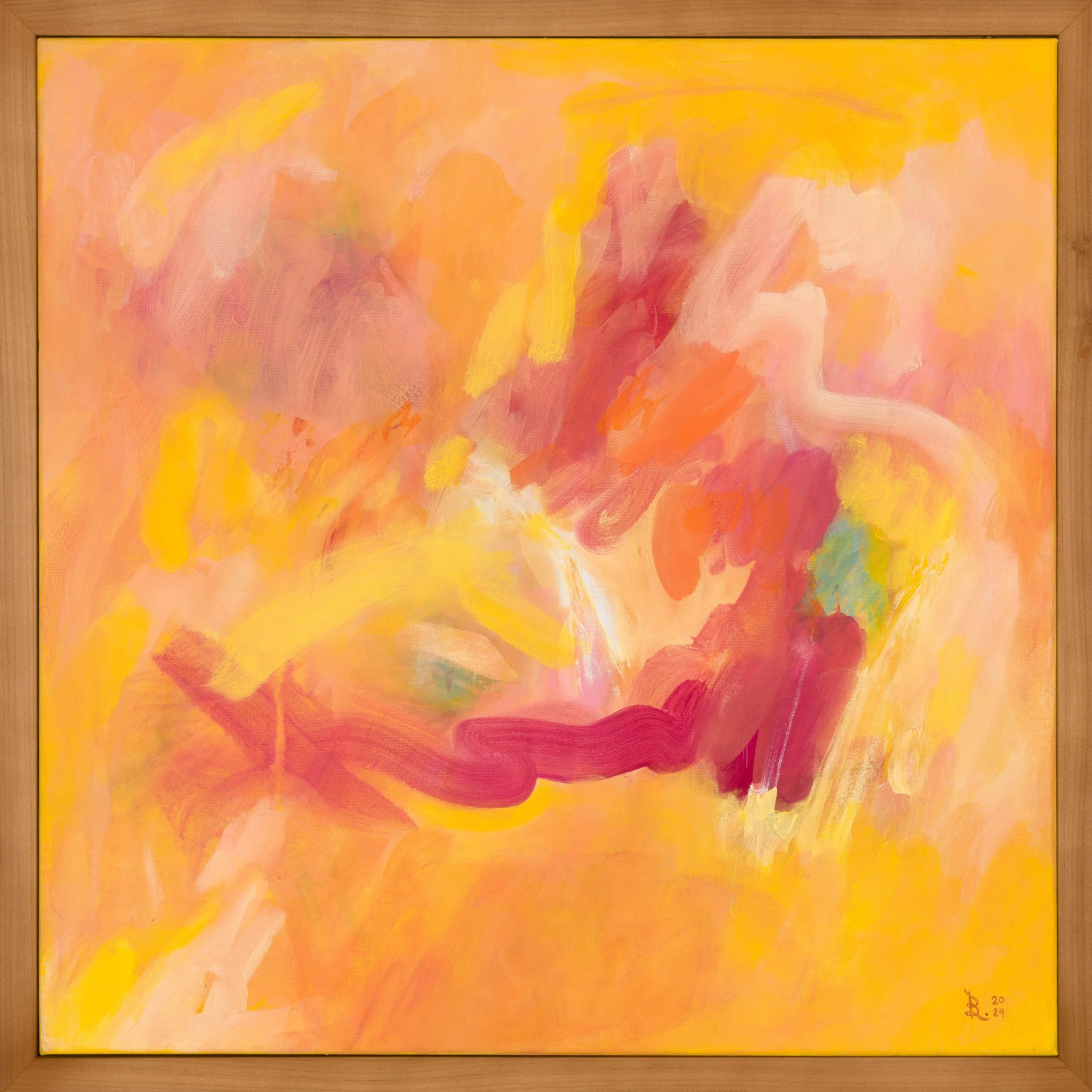 Mixed-media abstract on canvas painting with bold orange, yellow, and red strokes, expressing energy and excitement.