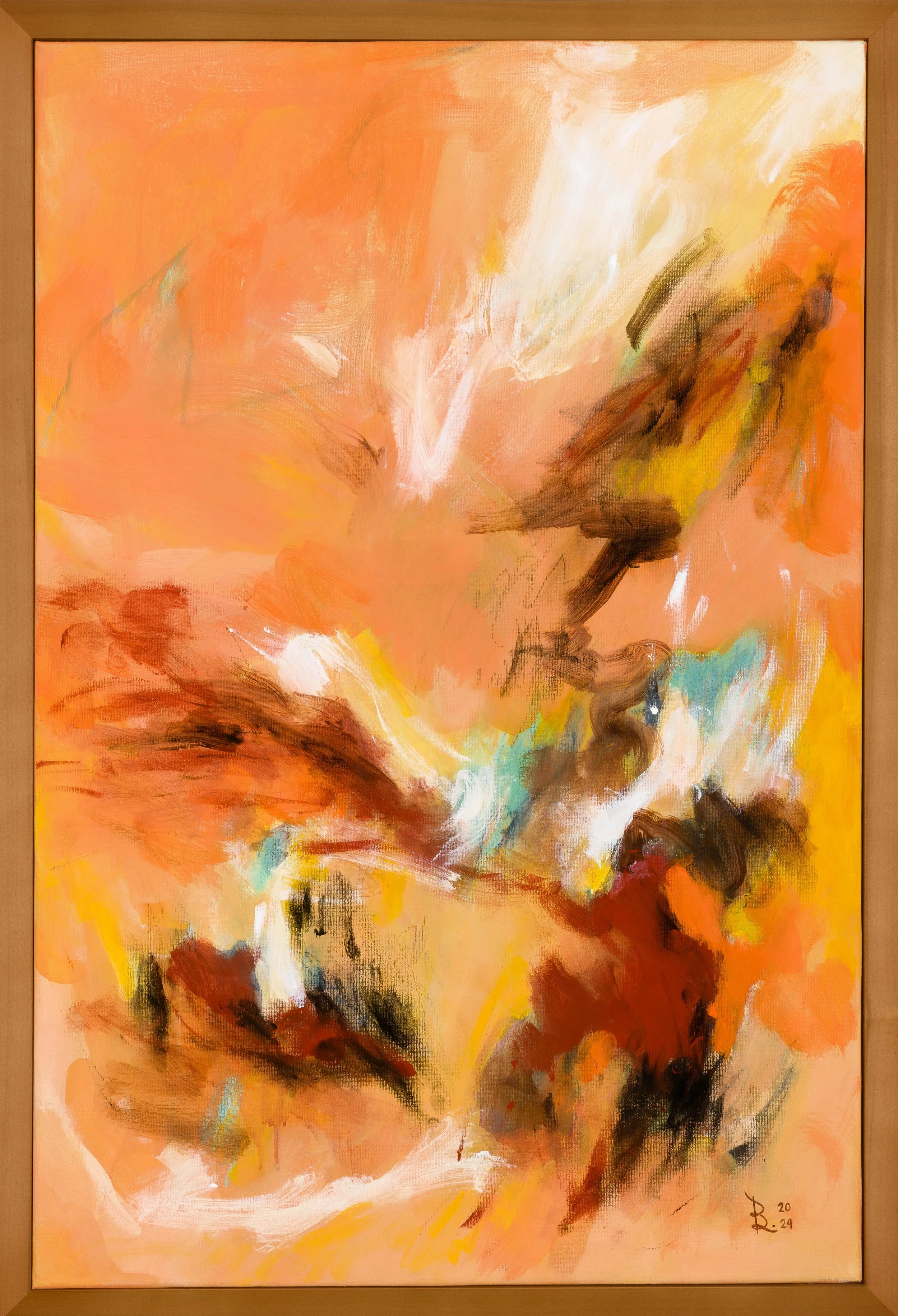 abstract painting with warm, orange tones conveying tension and energy.