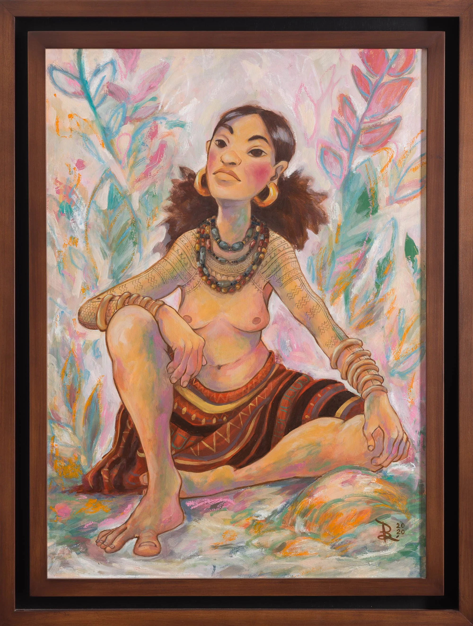 An illustrative oil painting of a native female chieftain sitting bare-breasted addressing the audience against an abstracted forest background.
