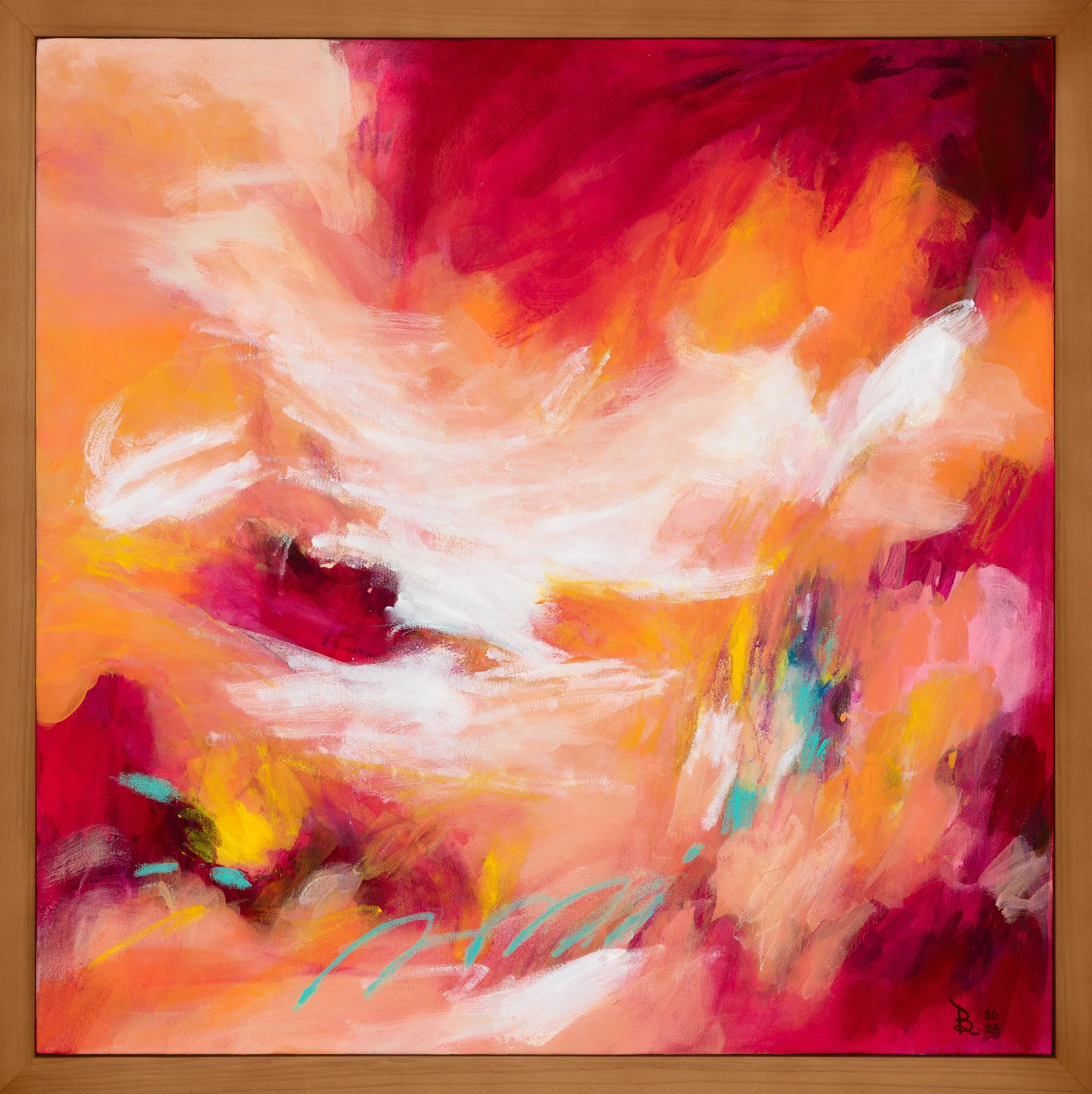 Mixed-media abstract on canvas painting with bold red strokes, expressing energy and courageous spirit.