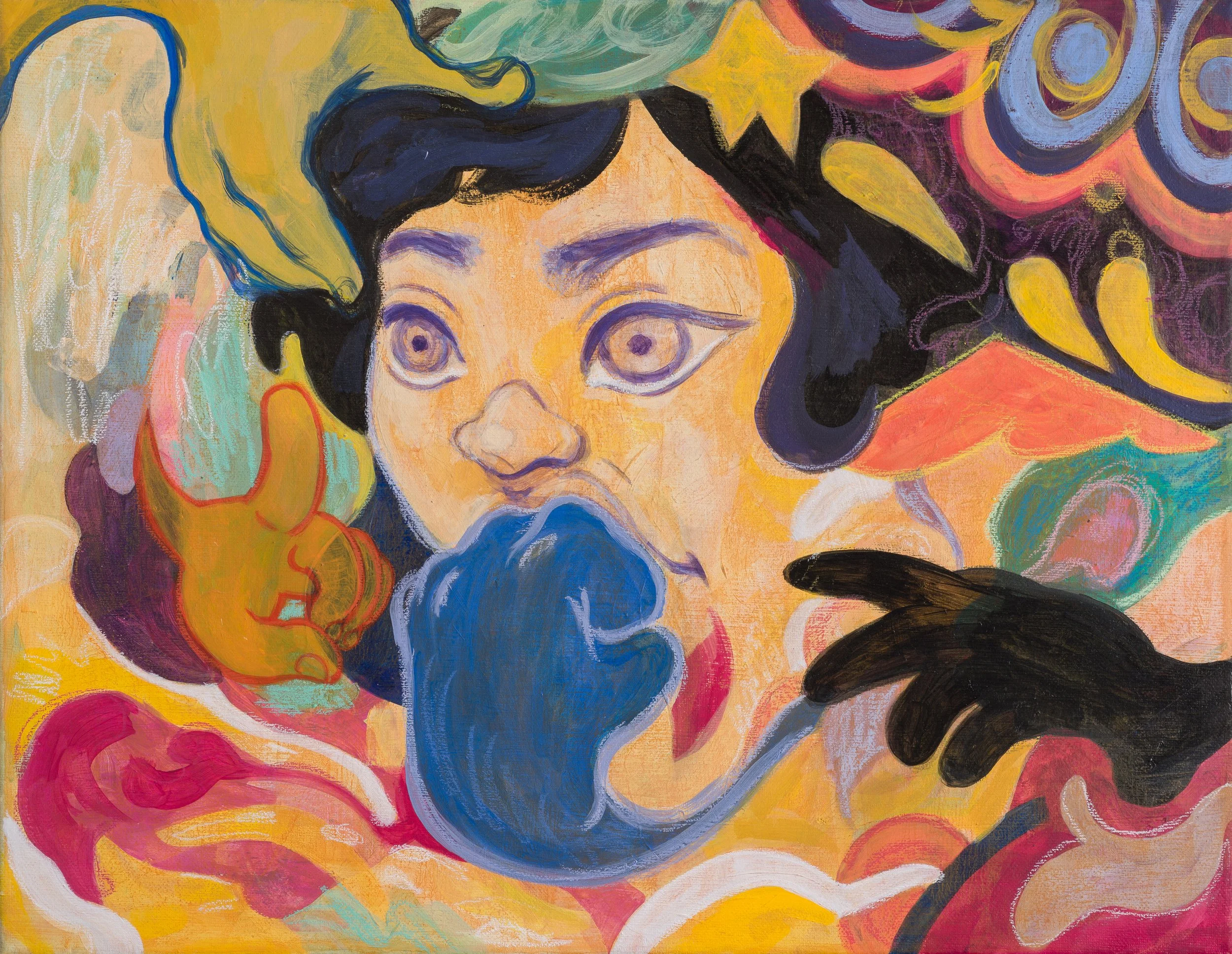 A colorful, semi-abstract painting of a figure being silenced by ghostly hands.