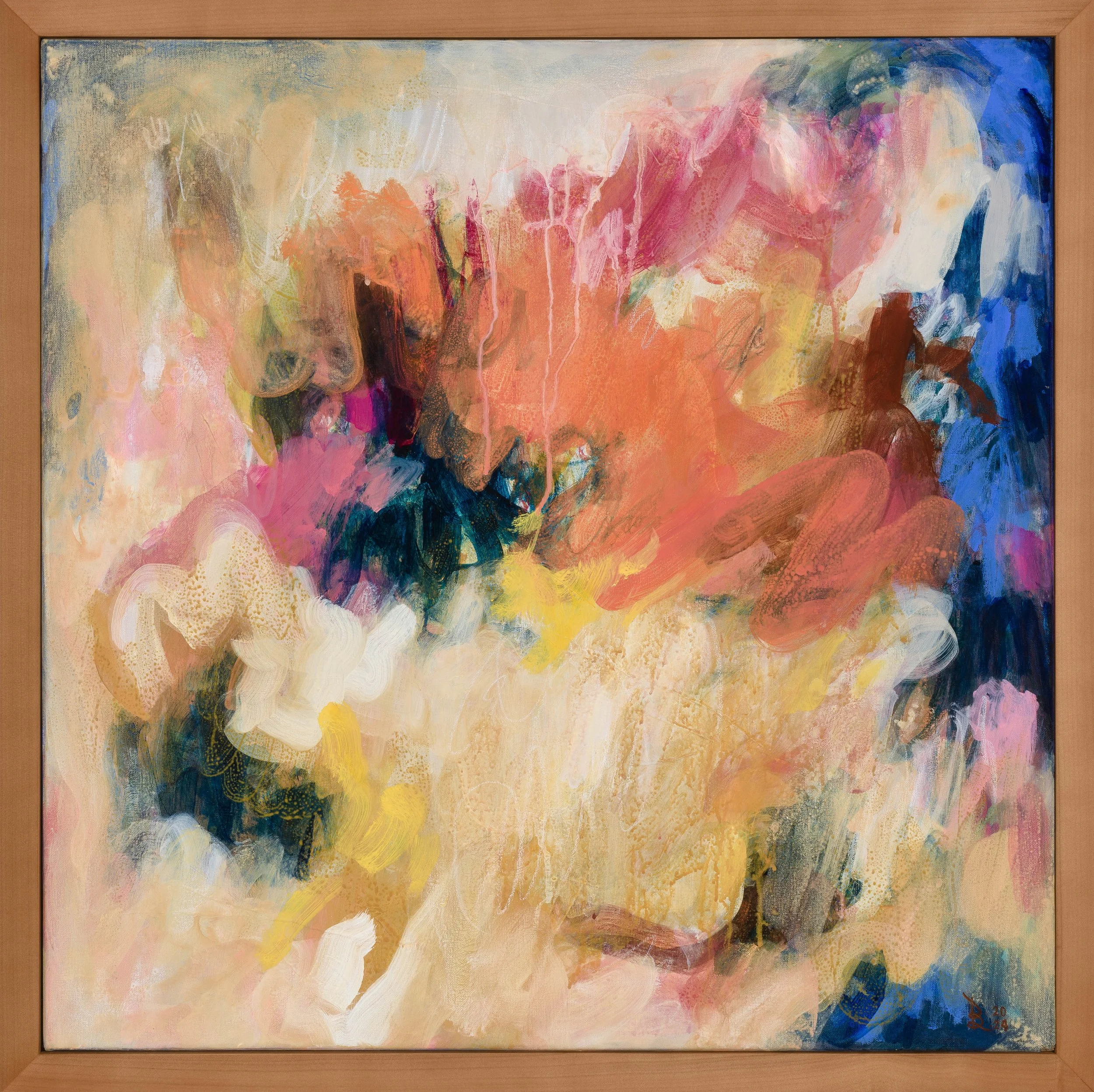 Mixed-media abstract on canvas painting with bold orange, yellow, and blue strokes, expressing energy and nobility.