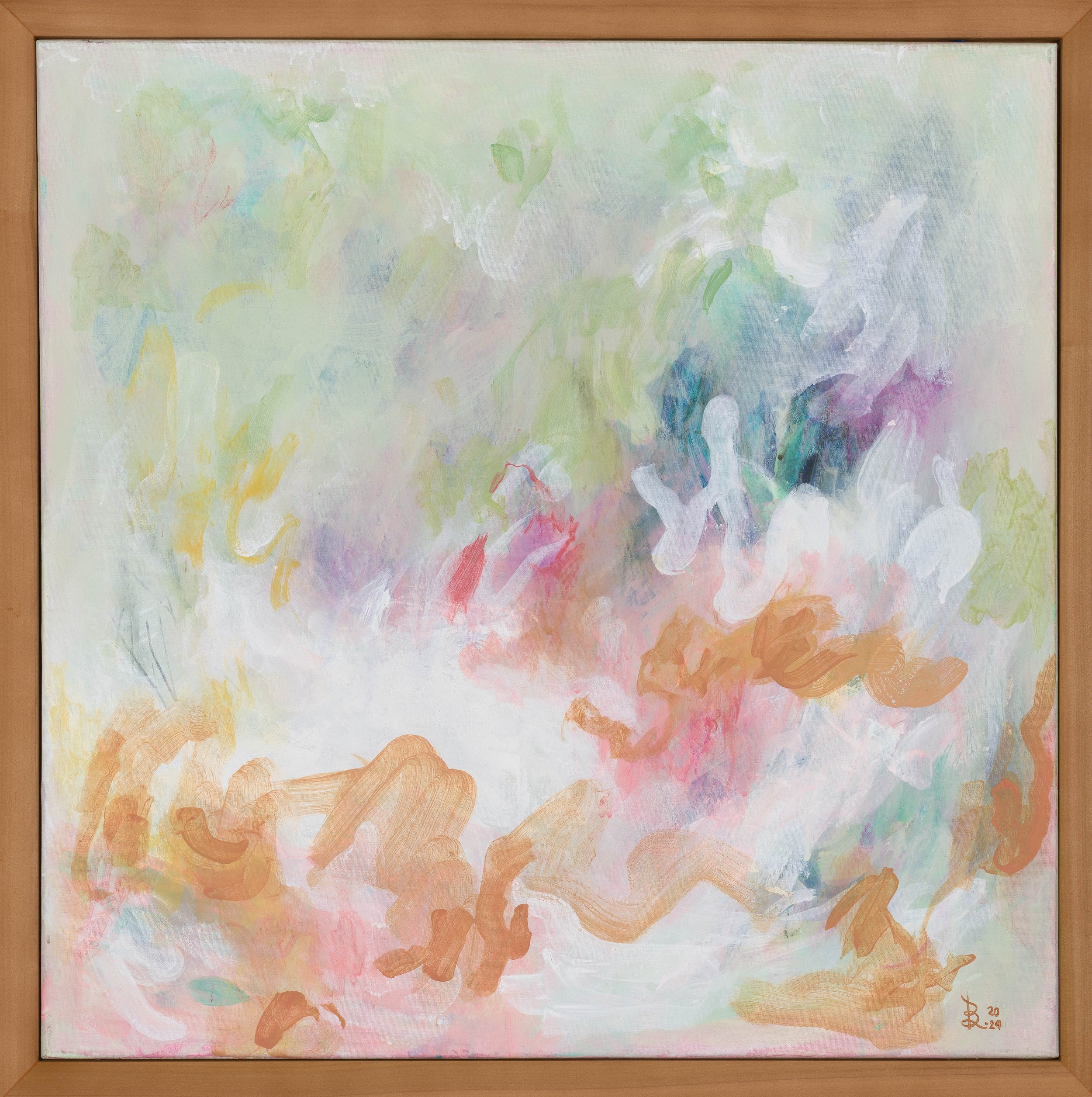 Abstract on canvas painting with soft green strokes, and mild streaks of pinks, and blues like tea, expressing calm and fluidity.