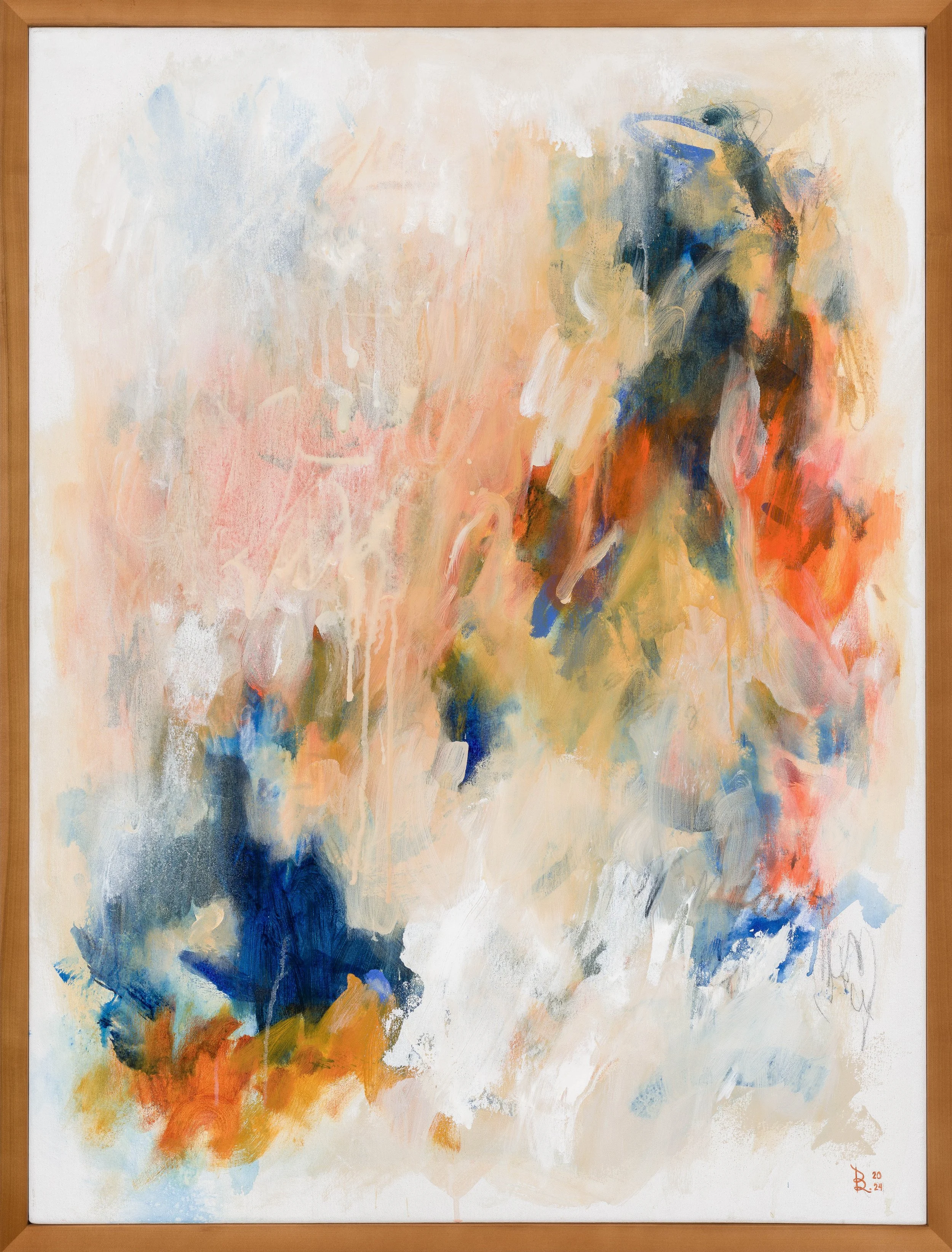 A large abstract painting with soft, watery, primary colors invoking a sense of anchoring, security, and memory.