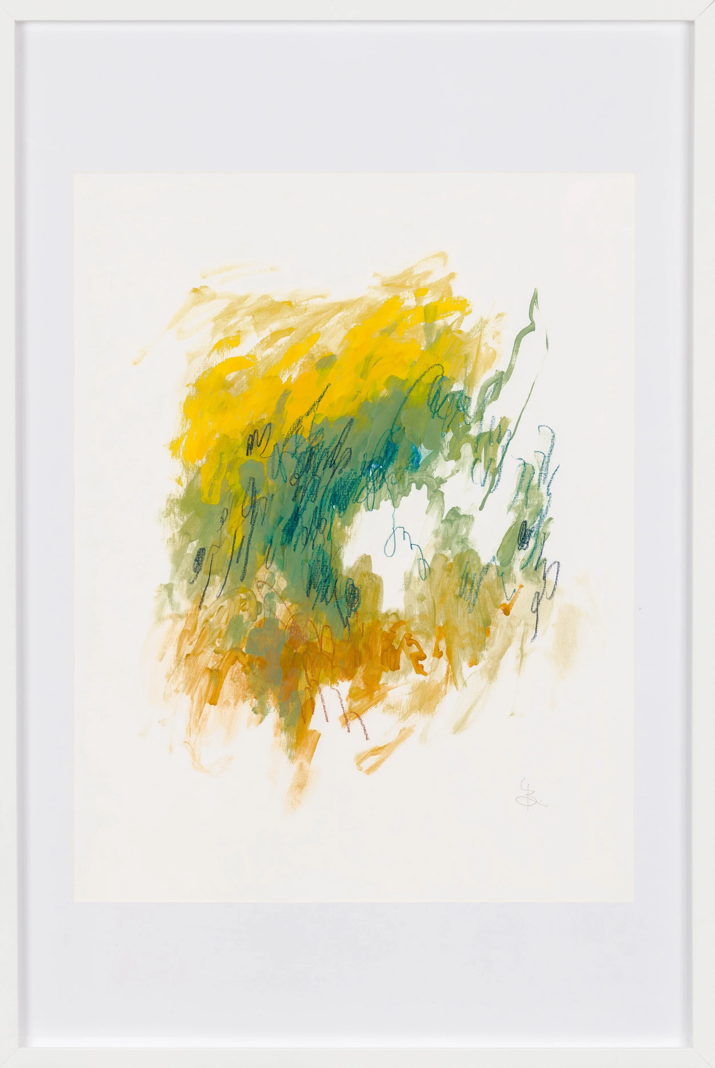 Abstract acrylic painting with bright yellows, earthy greens and ochres in stringy strokes, conveying listening and grounding.
