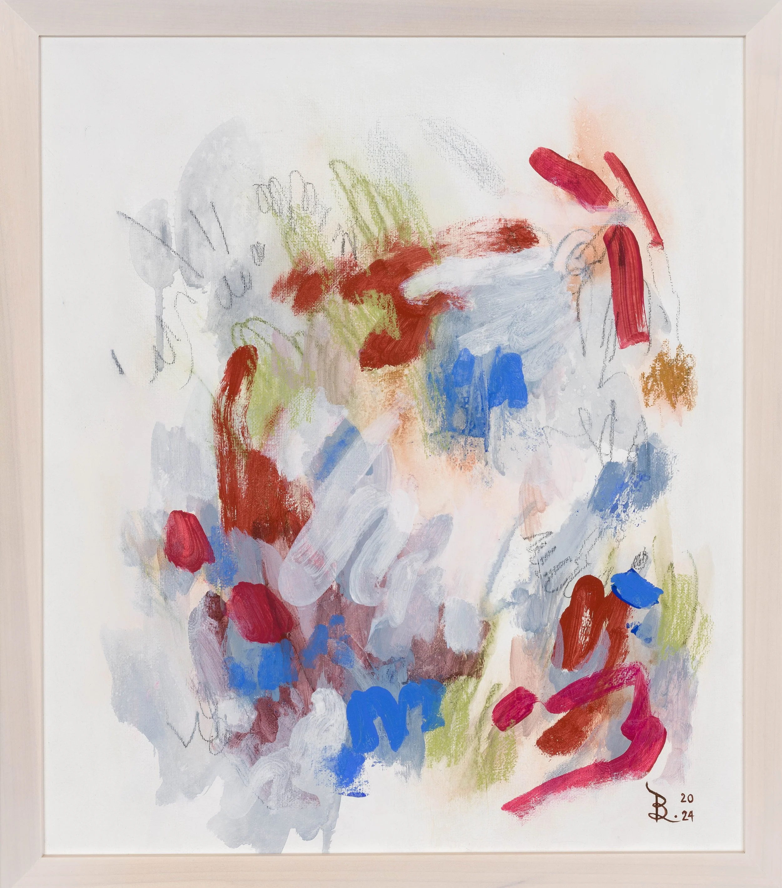 Mixed media abstract painting with bold red, blue, and white strokes, conveying playful energy.