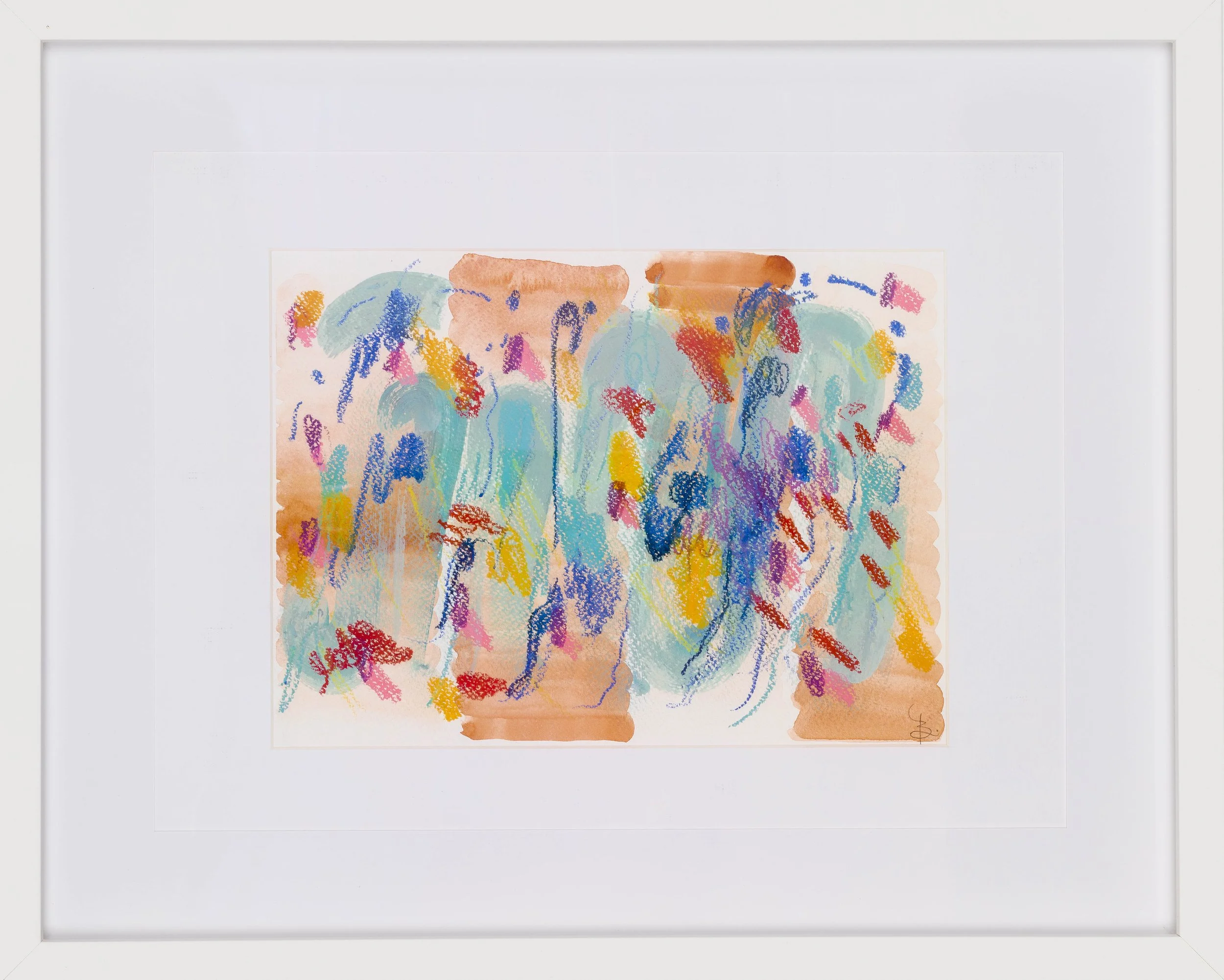 Abstract painting with colorful blues, reds, yellows, and teals evoking a sense of playfulness.