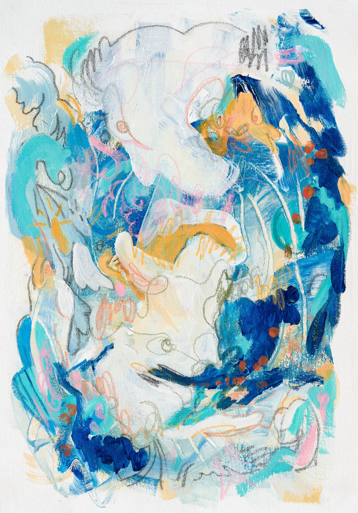 Abstract painting in acrylic, wax pastels, and graphite on canvas featuring expressive, cartoon-like characters rendered in bold, playful forms and colors.