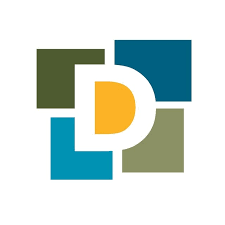 A logo with four squares surrounding a central yellow D shape, each square in green, blue, gray, and teal colors.