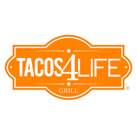 Tacos 4 Life Grill logo in orange and white.