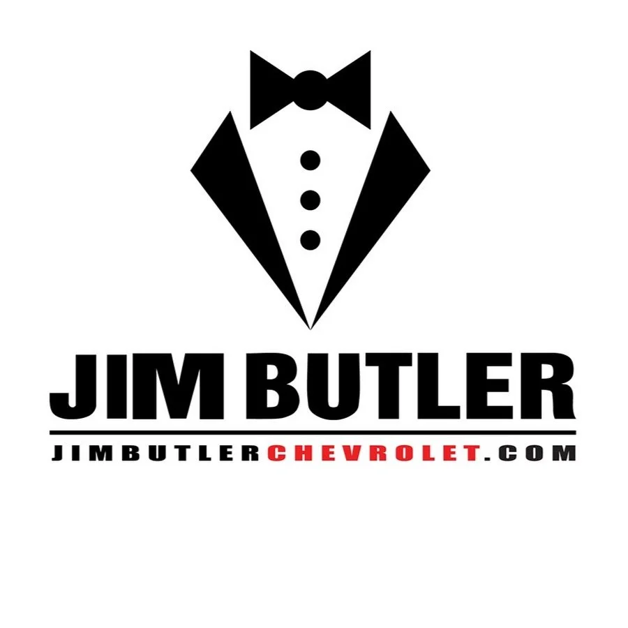 Logo of Jim Butler Chevrolet featuring a tuxedo with a bow tie and three buttons, with the text "JIM BUTLER" below and the website "JIMBUTLERCHEVROLET.COM" underneath, highlighting the Chevrolet brand.