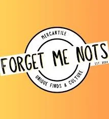 Logo with the words 'Forget Me Nots' in bold letters, surrounded by 'Mercantille' and 'Unique Finds & Curios'. Background is gradient yellow to orange.