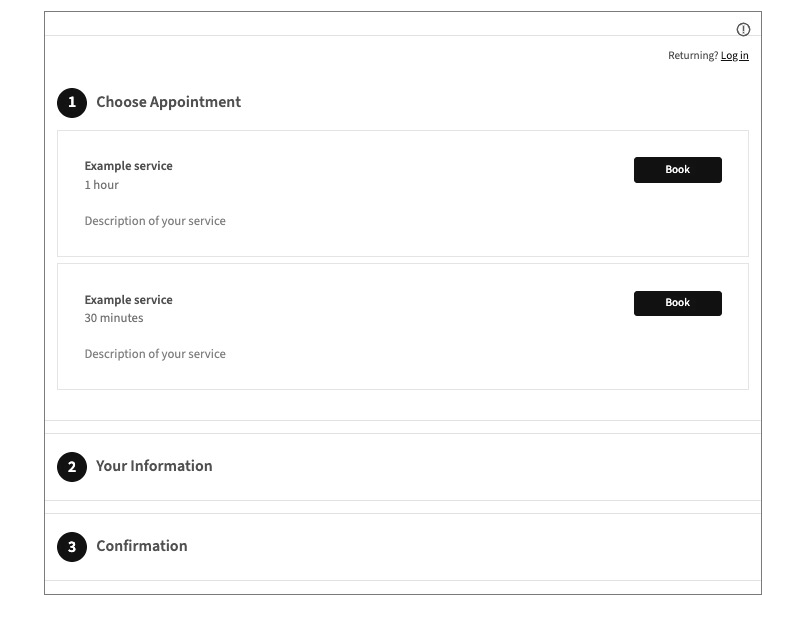Online appointment booking webpage with options to select and book different services, sections for user information and confirmation, and a login link at the top right corner.