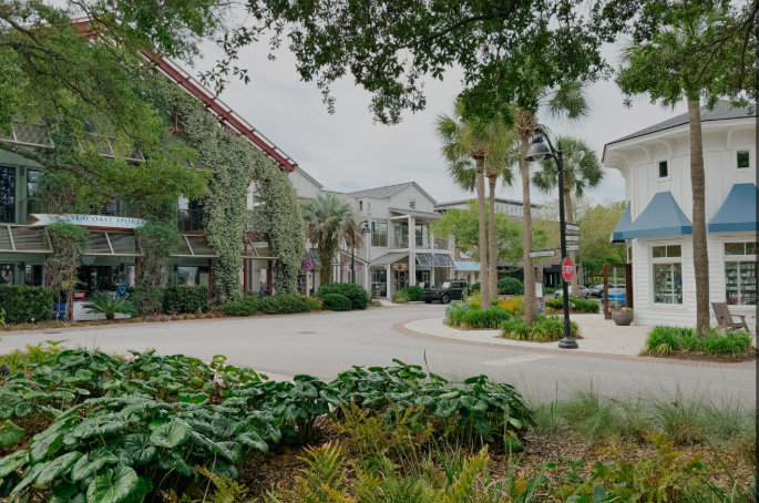 A small shopping area with buildings, palm trees, and greenery, featuring a curved road and a stop sign.