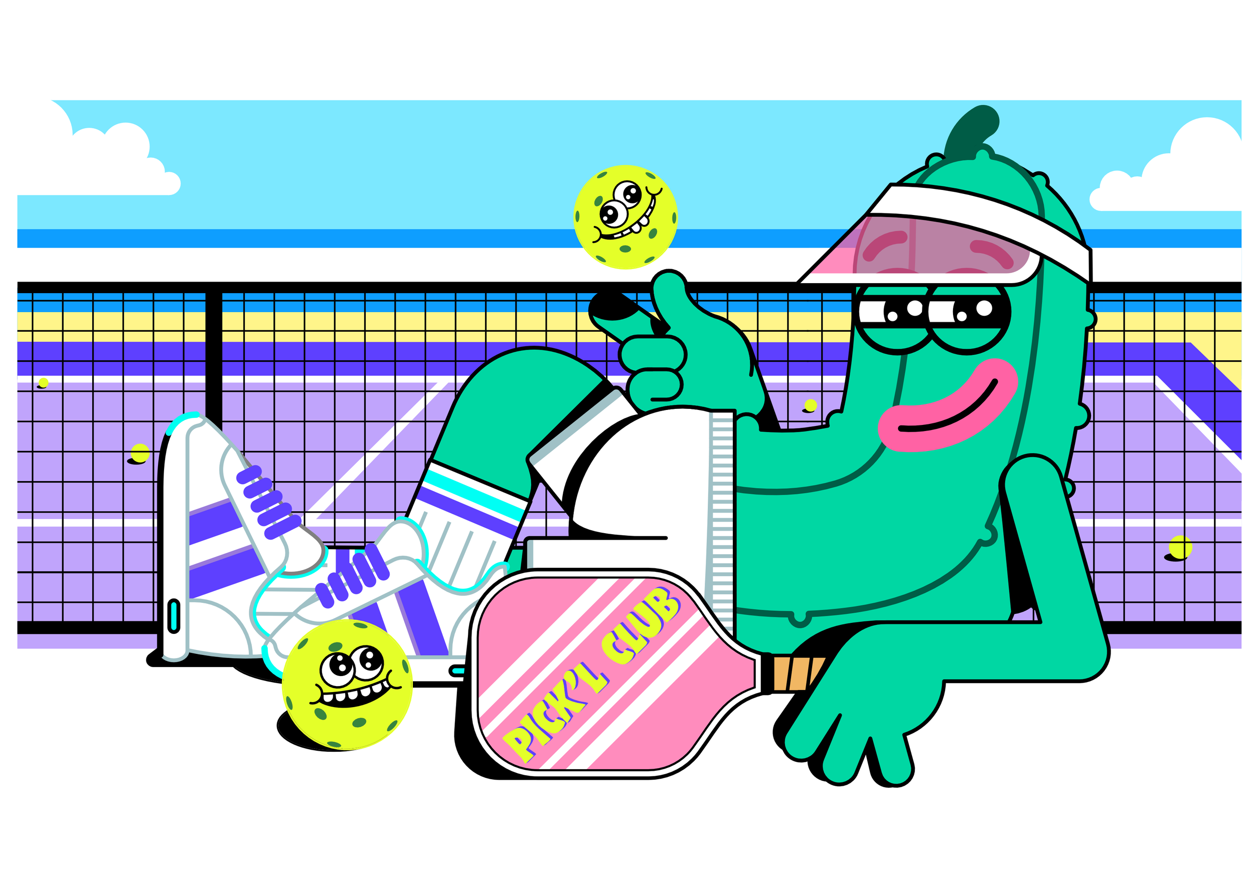 Un dessin animé de palourde anthropomorphe avec des lunettes de soleil, portant une visière, assise sur un terrain de tennis, avec une raquette à côté. La palourde tient une balle de tennis souriante dans sa main. Autour, il y a une bouteille d'eau, une balle de tennis, et un sac rose avec l'inscription 'PICKLE BALL CLUB'. Le fond montre un ciel bleu avec des nuages et un filet de tennis.
