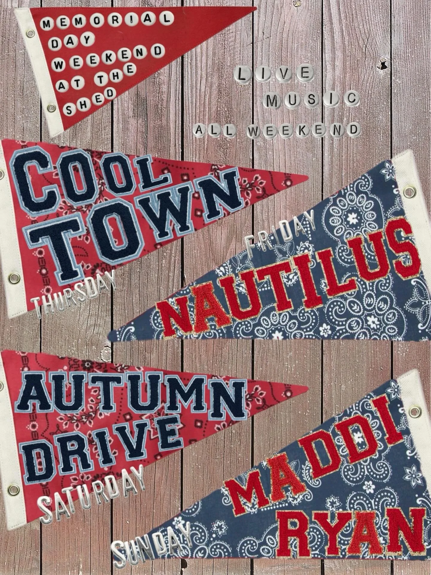 Let&rsquo;s RIP this Holiday weekend WIDE OPEN with a STELLAR lineup of music! 💃 🕺 🎼 

Thurs: doors at 4pm. Cool Town 9:30-1
Fri: doors 4pm. @nautiluscapecod 9:30-1
Sat: doors noon. @autumndrive.band 9:30-1
Sun: doors noon. @maddiryanmusic 9:30-1
