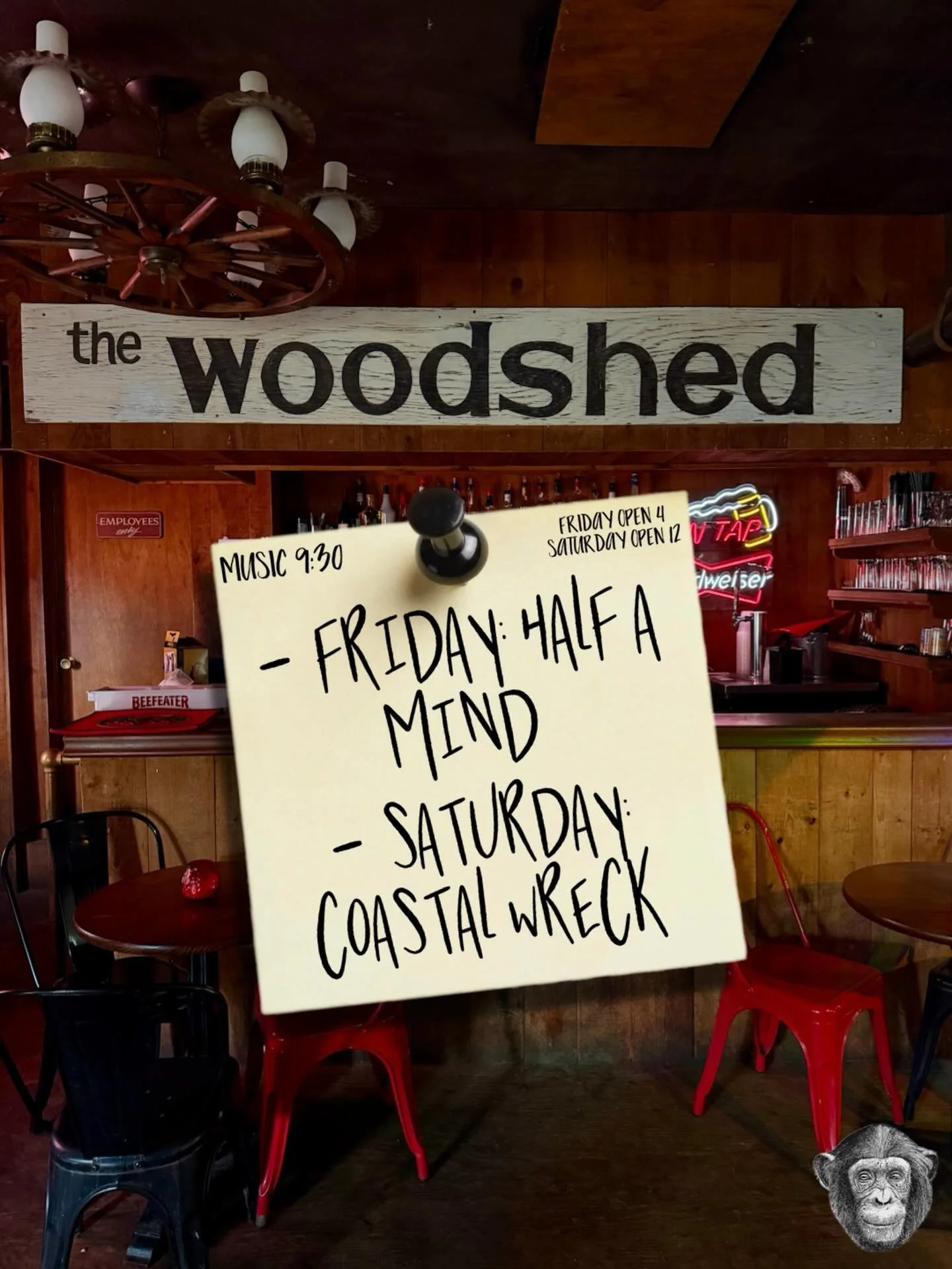 This weekend at the woodshed🍻🎶
Music starting at 9:30
Friday open 4:00-1:00
Saturday open 12:00-1:00
