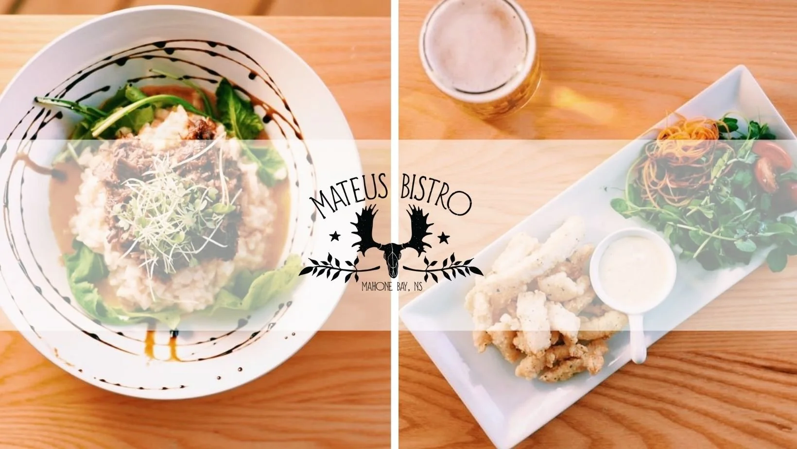 Split image of two dishes on a wooden table at Maileus Bistro, Mahone Bay, NS. Left side features a bowl of salad with leafy greens, microgreens, and a drizzle of balsamic glaze. Right side shows a rectangular plate with fried food, a small cup of dipping sauce, a side salad with greens and cherry tomatoes, and a glass of beer.