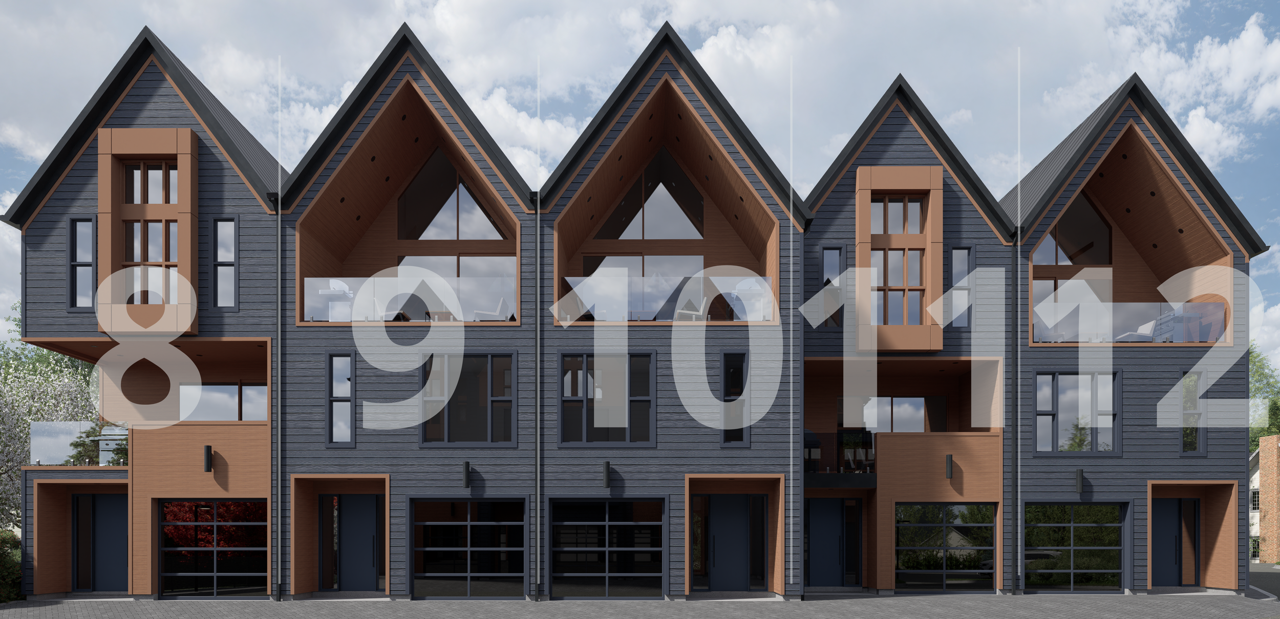 Modern multi-story residential building with dark exterior siding, large windows, and wooden accents, set against a partly cloudy sky.
