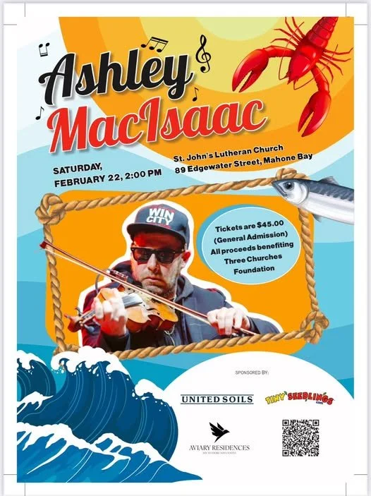 Event flyer for Ashley MacIsaac concert featuring a man playing violin, with a lobster, fish, ocean waves, and a bright colorful background.