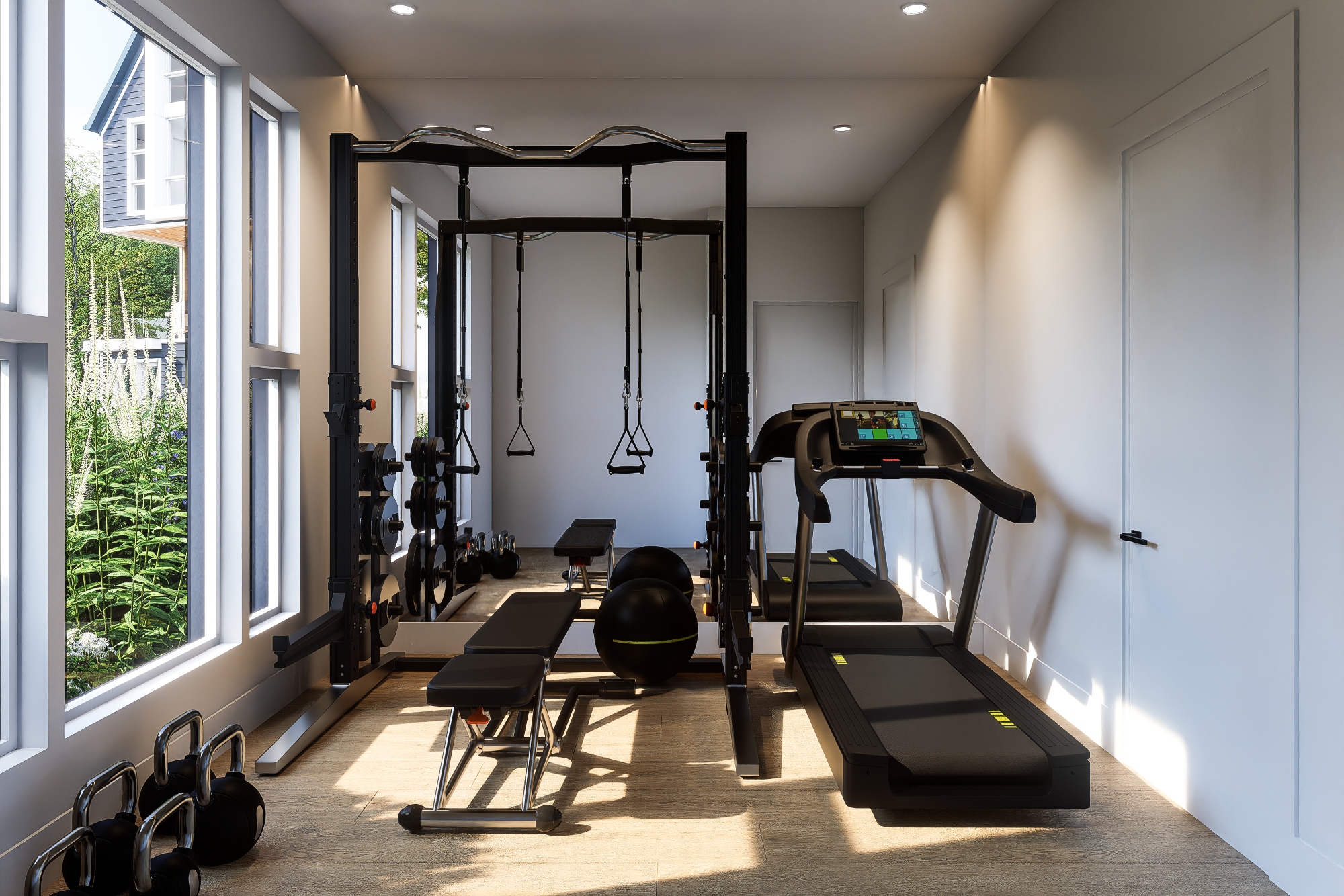 Home gym with treadmill, weight rack, kettlebells, workout bench, medicine balls, and suspension straps, beside large windows with garden view.