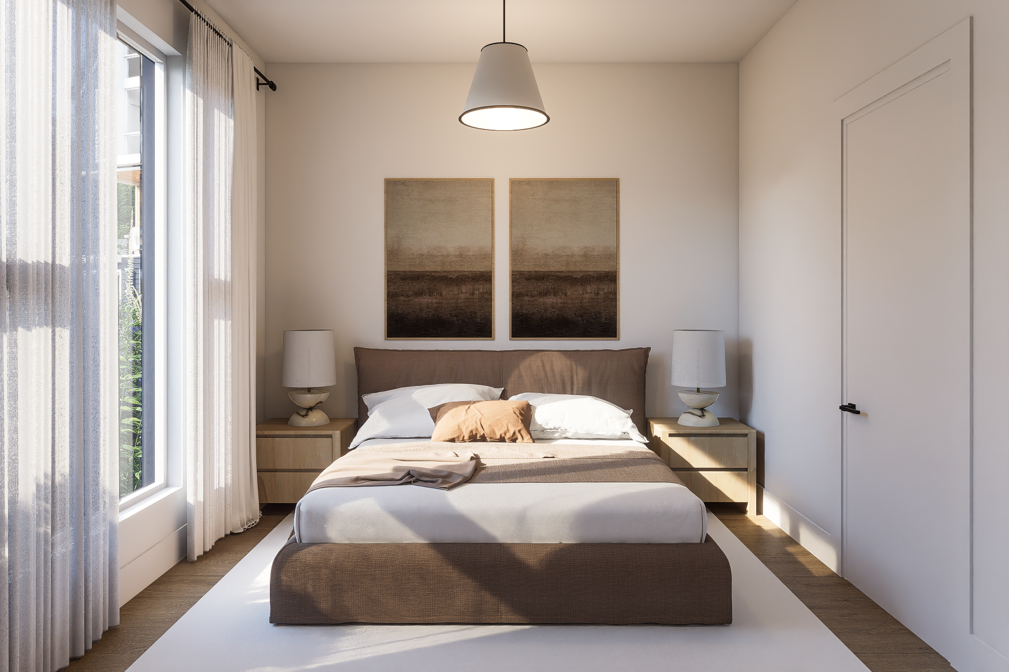 Clean, modern bedroom with a large bed, bedside lamps, and artwork above the headboard.