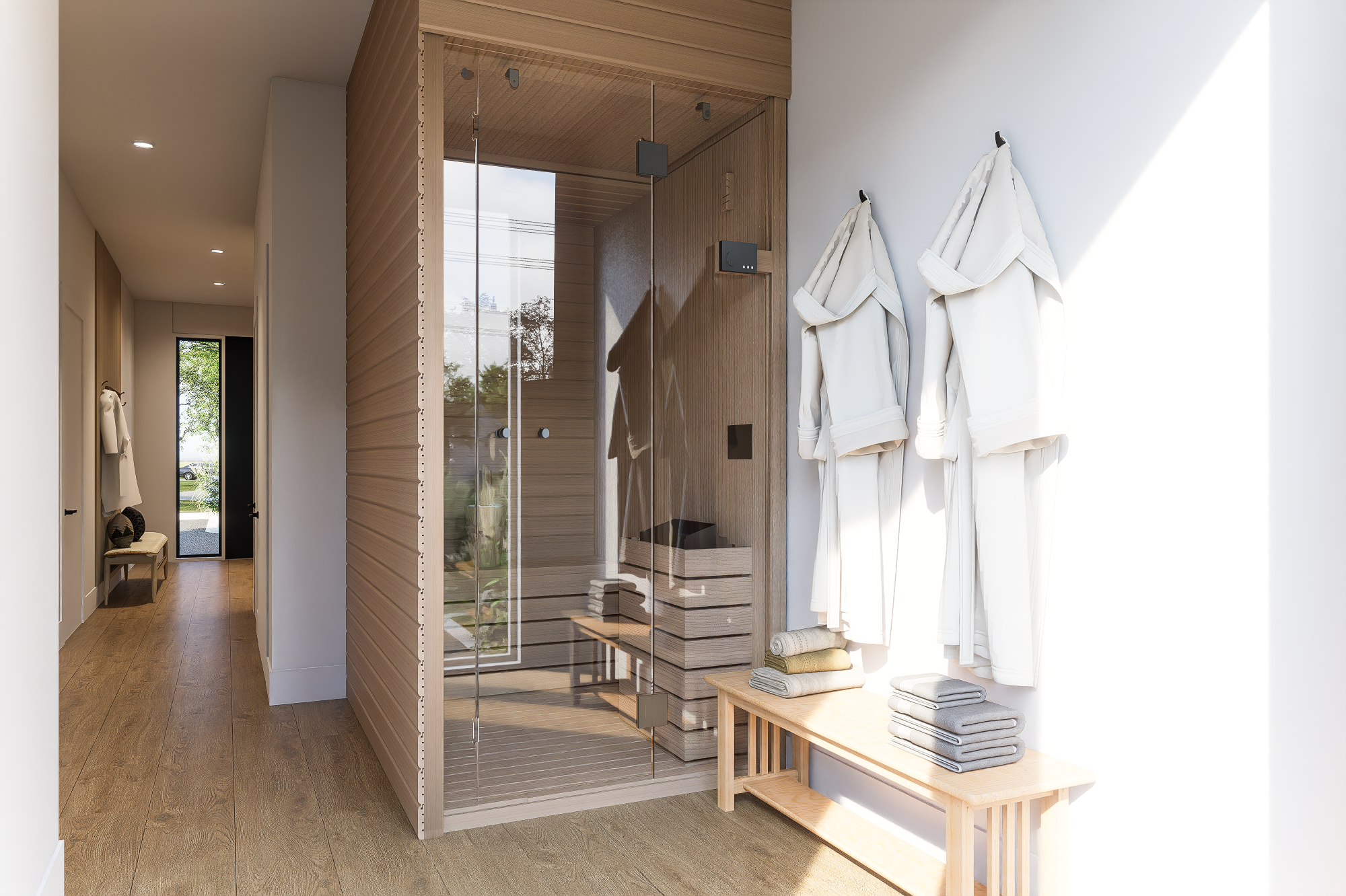 Entryway with white robes hanging on hooks, a wooden bench with neatly folded towels, and a glass-enclosed shower with wooden accents.