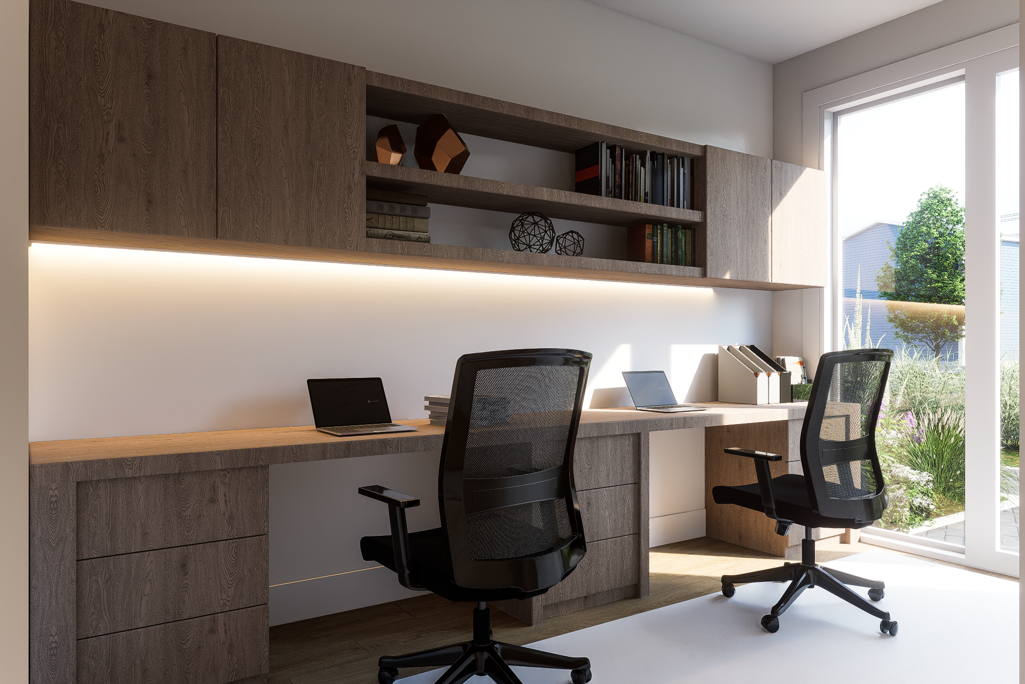 Modern home office with natural wood desk, black ergonomic chairs, built-in shelving, and large window with a garden view.
