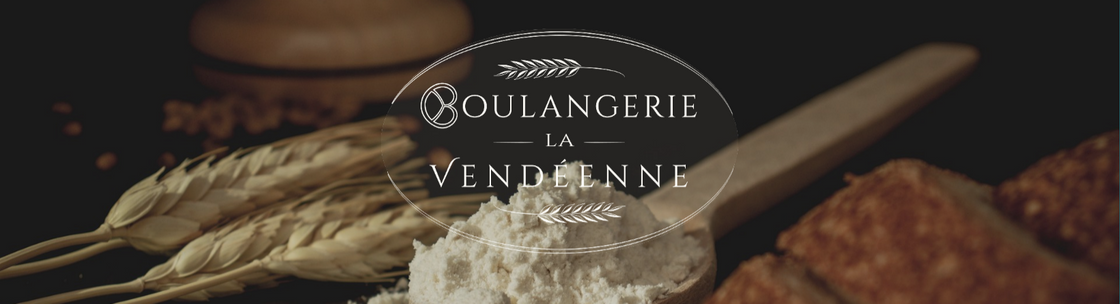 Bakery products with wheat stalks, flour, and baked goods, featuring a logo for Boulangerie La Vendéenne.