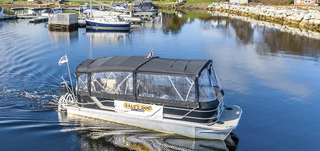 A motorboat named 'Salty Dog' sailing on a calm body of water, with several other boats docked nearby and a rocky shoreline in the background.
