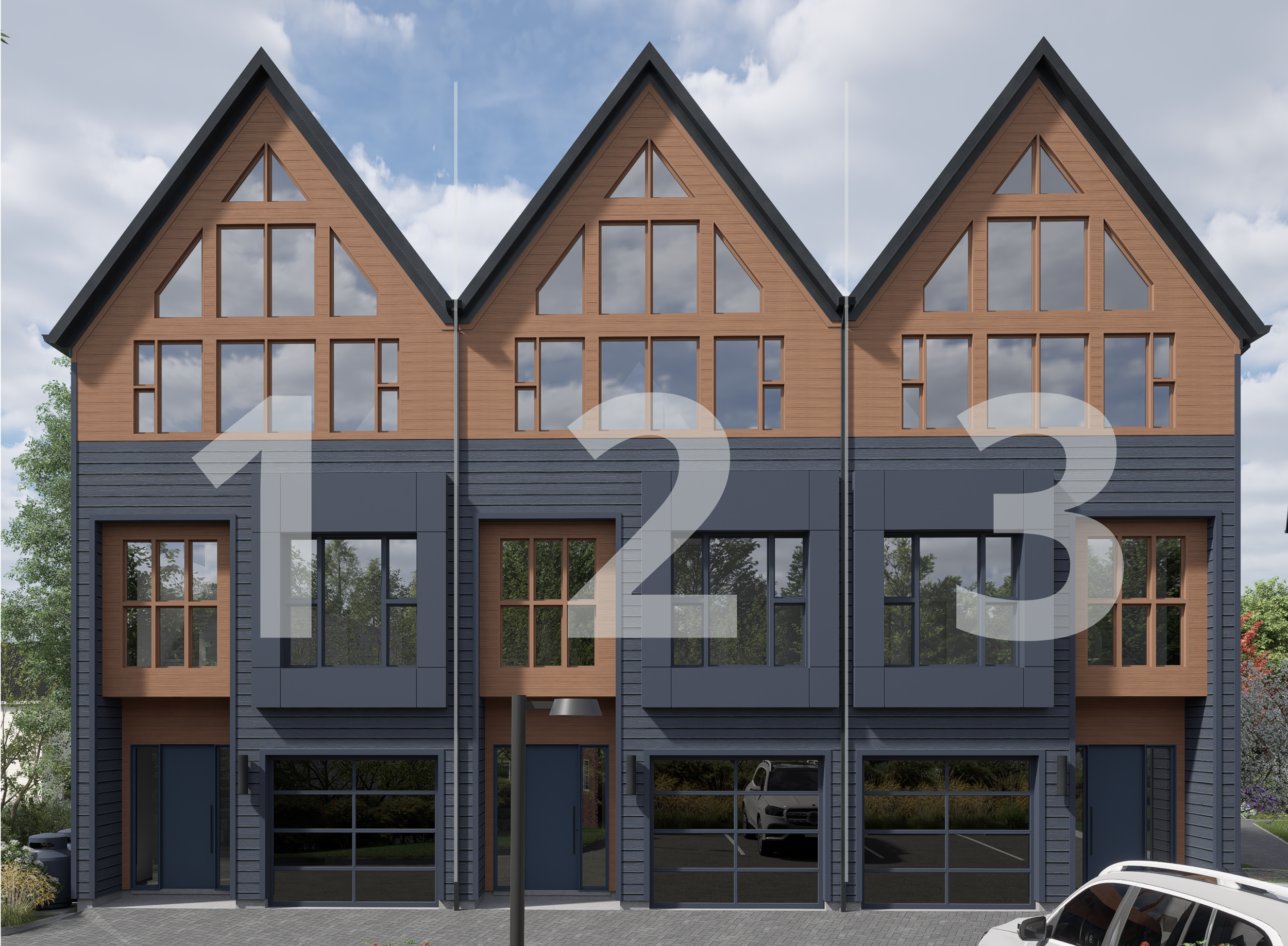Modern multi-story townhouse with black and wooden exterior, large windows, garage doors, parked cars, streetlamp, and cloudy sky.