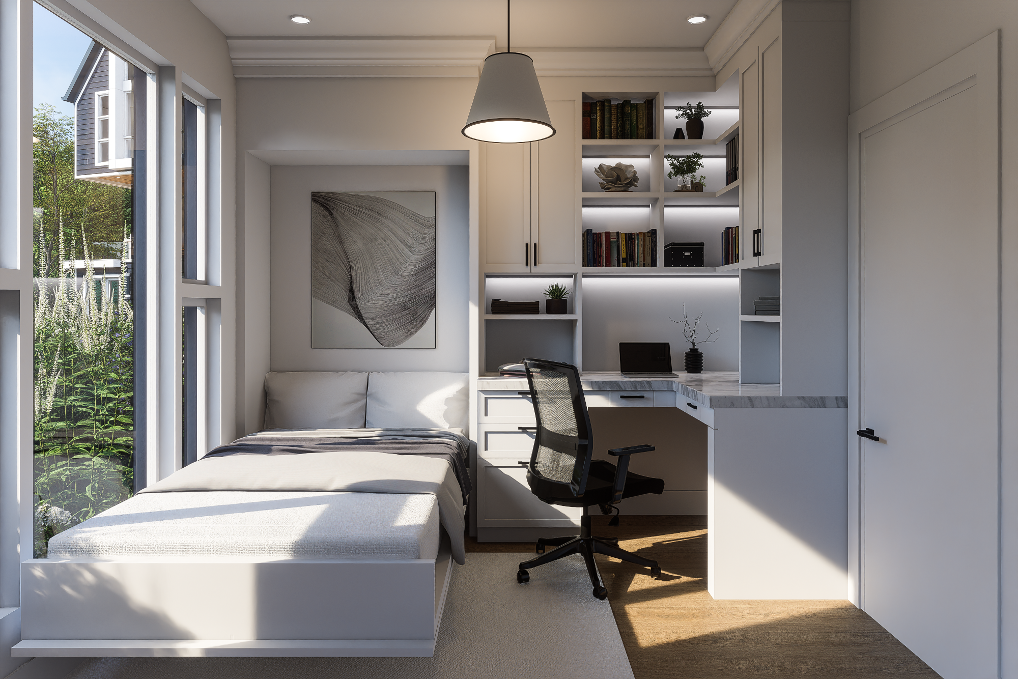 Bright small bedroom with a bed, a built-in desk, and shelves with books and decor, large windows with a view of a house and trees outside.