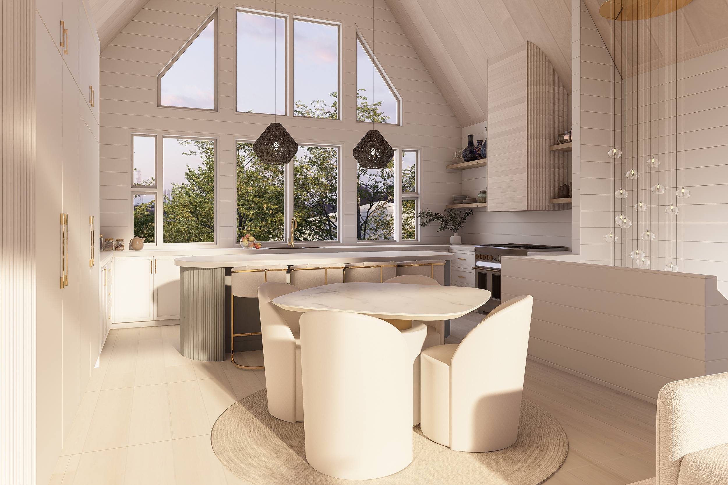 Bright, modern kitchen with large windows, white cabinetry, a round dining table with four cream chairs, and pendant lights