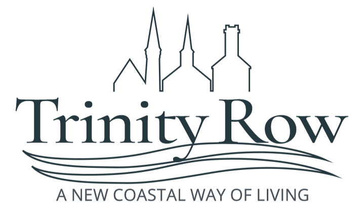Logo for Trinity Row with a stylized skyline of buildings and waves, and the text "Trinity Row" and "A New Coastal Way of Living".