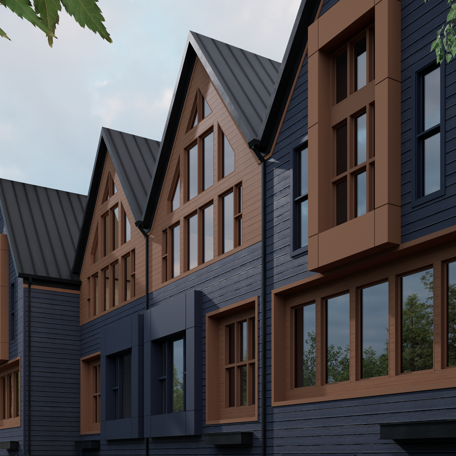 Modern residential building with dark blue and wood accents, large windows, and gabled roofs.
