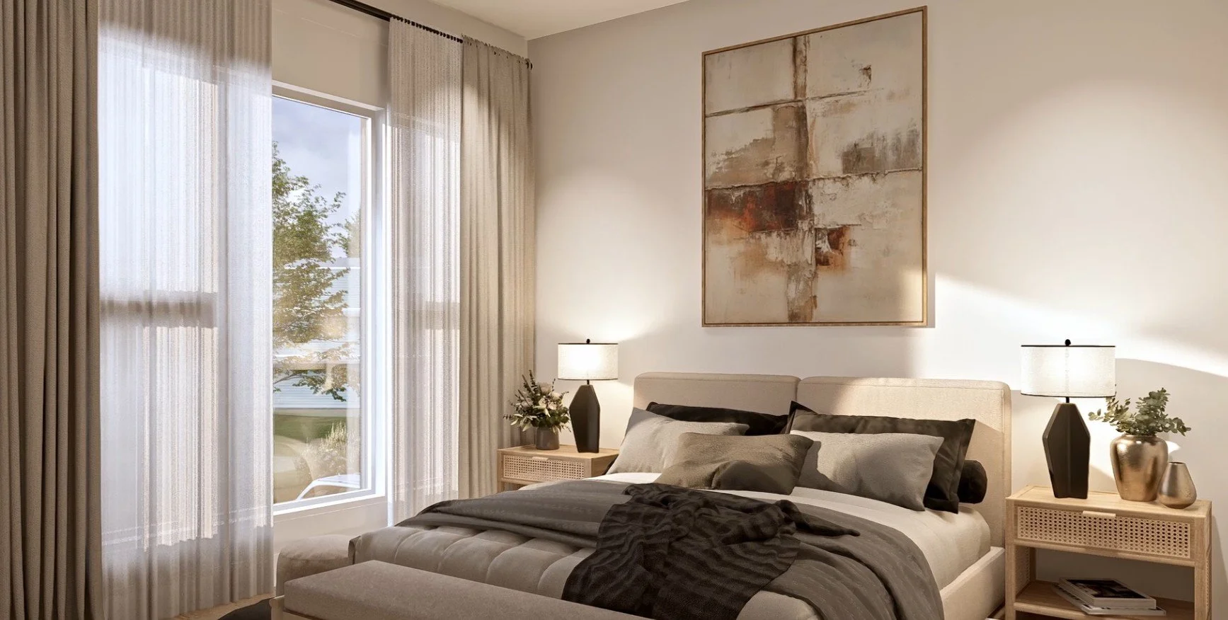 A bedroom with a large window covered by sheer curtains, a bed with gray and black bedding, two bedside tables with lamps and decorative vases, a beige upholstered headboard, and a large abstract painting on the wall.