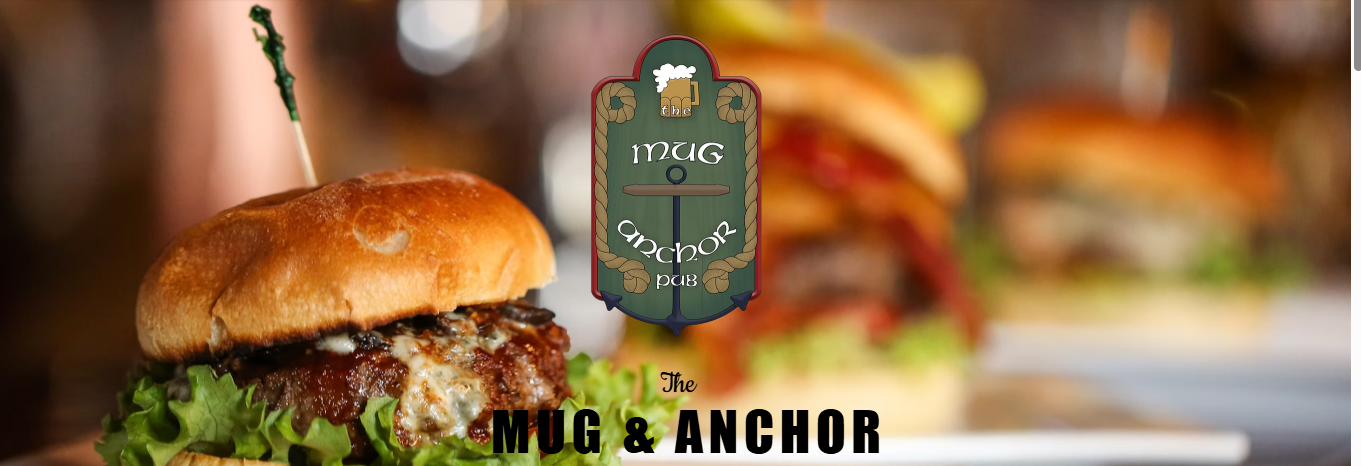 Close-up of a cheeseburger with lettuce and a bun, with a restaurant logo and text overlay reading 'The Mug & Anchor'.