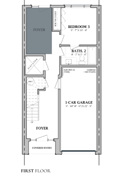 Floor plan of a house showing a covered entry, foyer, elevator, staircase, 1-car garage, bathroom, bedroom 3, and electrical panel.