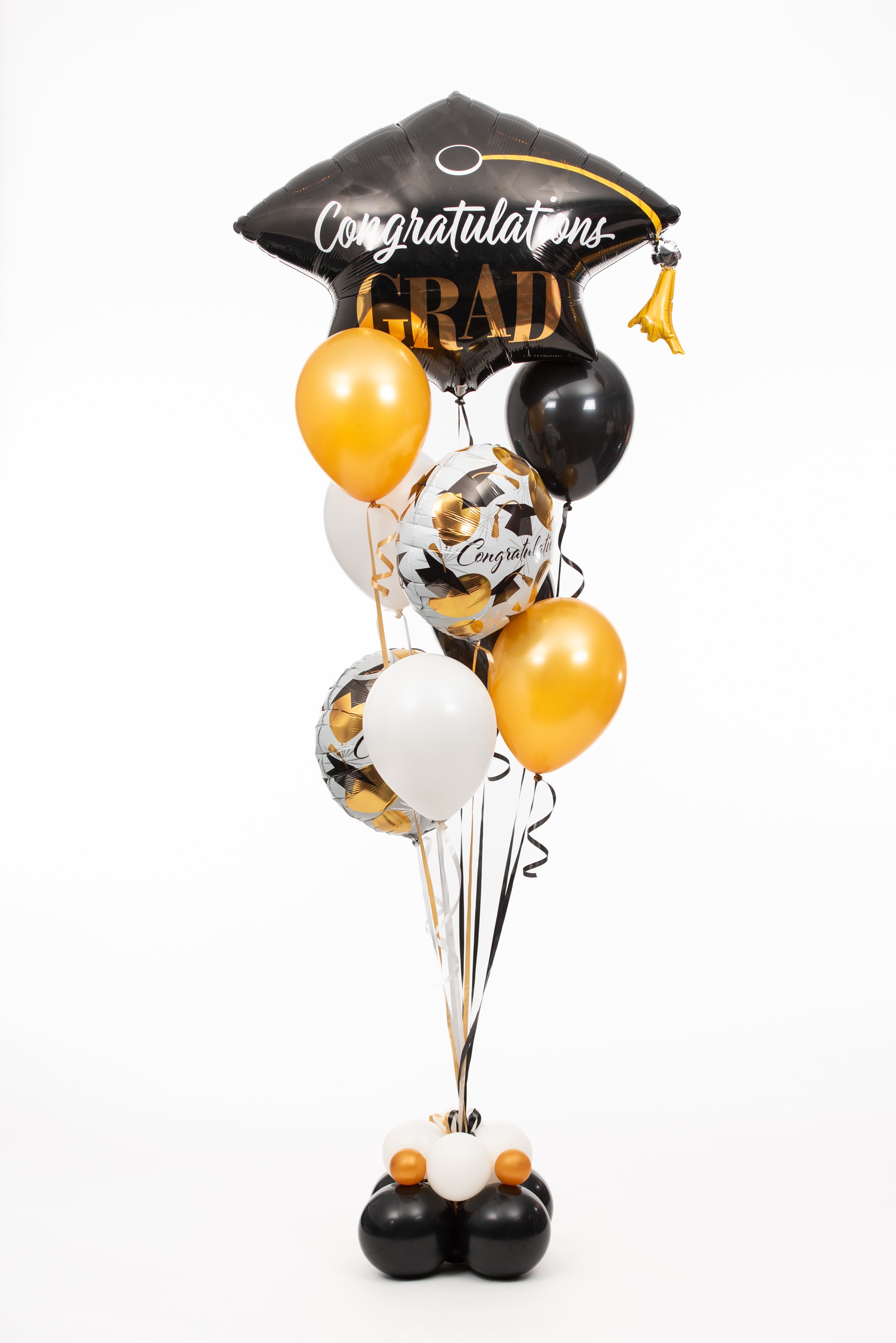 Centerpeice Helium Bouquet Graduation foil Congratulations Black Gold White.jpg