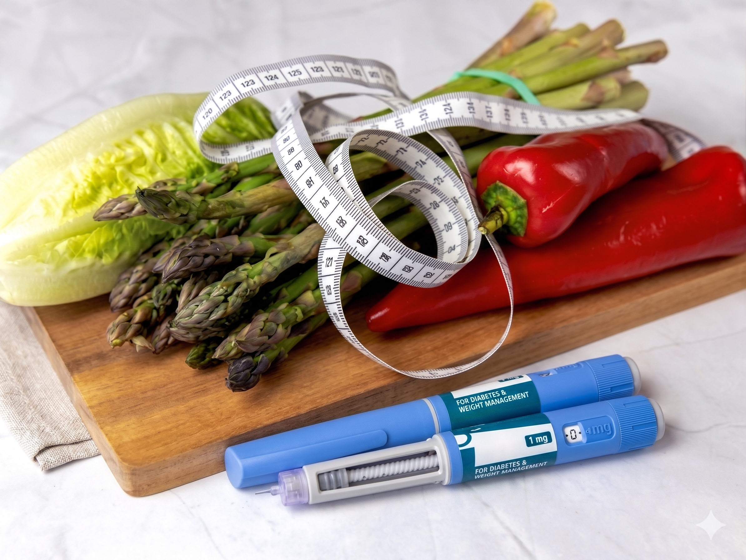 Asparagi, peperoni, e un cocomero su un tagliere di legno con medicine e un metro a nastro, usati per monitoraggio della salute e peso.