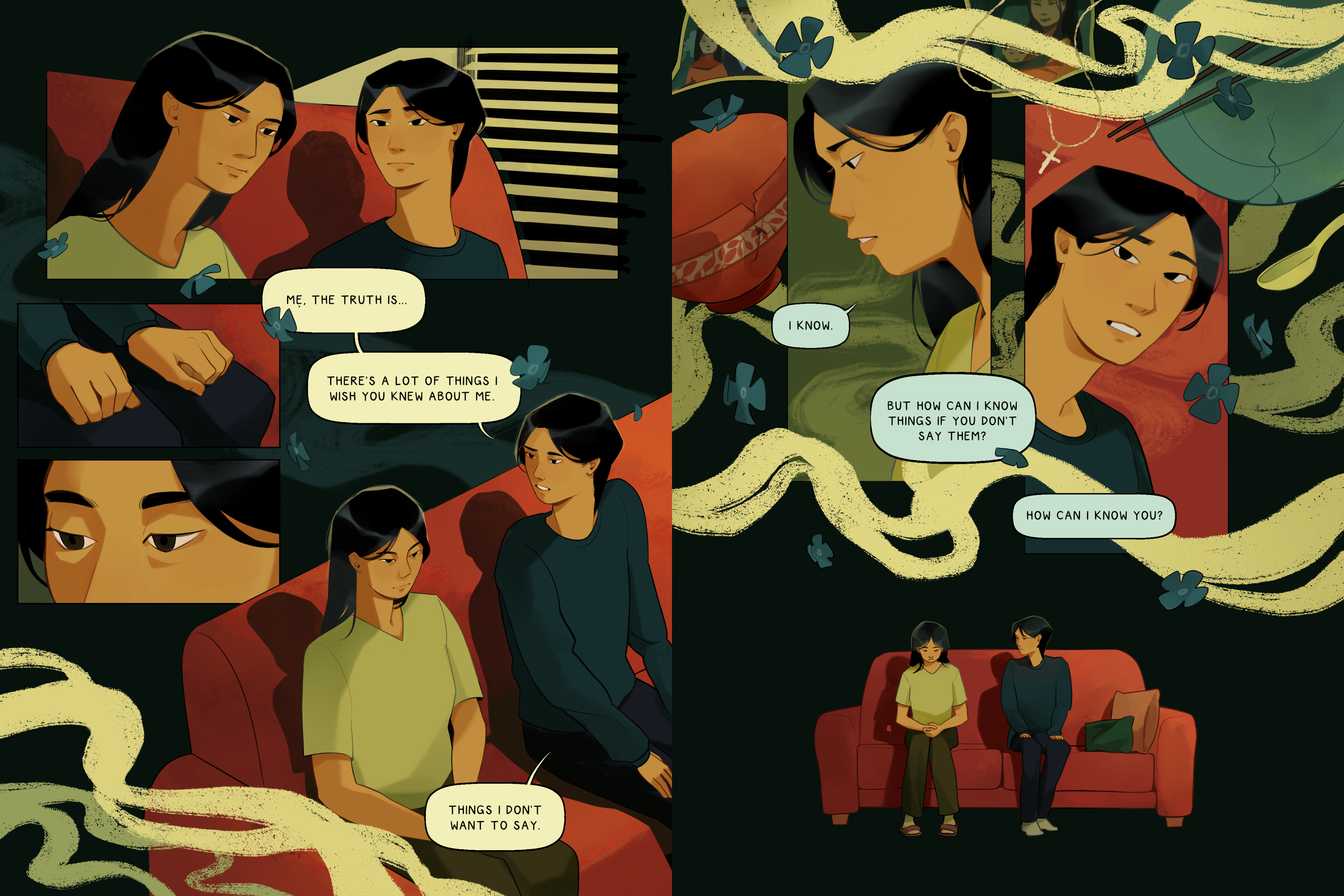 two-page comic of avery and his mother huyên. this is one reason why the comic has the name it does.