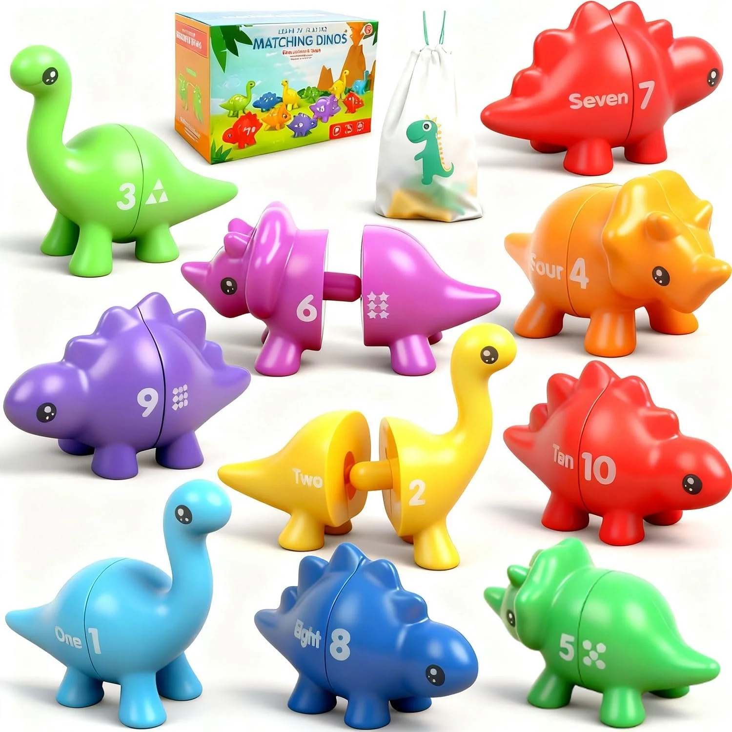Number Matching Dinosaur Game -
Click the image to view on Amazon.

This hands-on dinosaur set helps toddlers build early number recognition and quantity matching skills through colorful, interactive play. Children separate and reconnect each dinosau